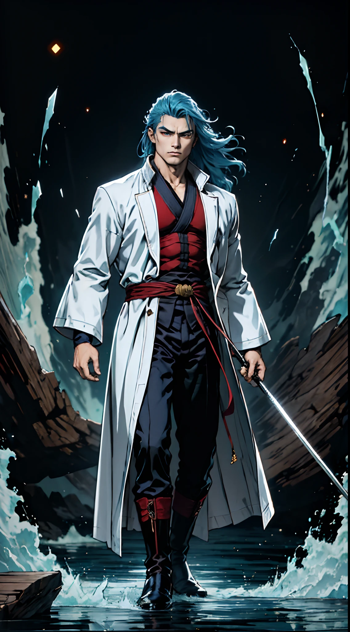 A young man with long slate-blue hair, disheveled and flying hair, sharp gaze, a resolute countenance, he has a mixed West Asian and Eastern European appearance, a fantasy wuxia-style tight-fitting trench coat robe, with a flowing hem, the color scheme is mainly white, with red and white-blue as secondary colors, dark trousers, thick cloth boots, he stands in a majestic posture, while the surrounding space shatters and ruptures with energy, this character embodies a finely crafted fantasy-style Chinese martial hero in anime style, characterized by an exquisite and mature manga illustration art style, full body character drawing, high definition, best quality, highres, ultra-detailed, ultra-fine painting, extremely delicate, professional, anatomically correct, symmetrical face, extremely detailed eyes and face, high quality eyes, creativity, RAW photo, UHD, 8k, Natural light, cinematic lighting, masterpiece:1.5