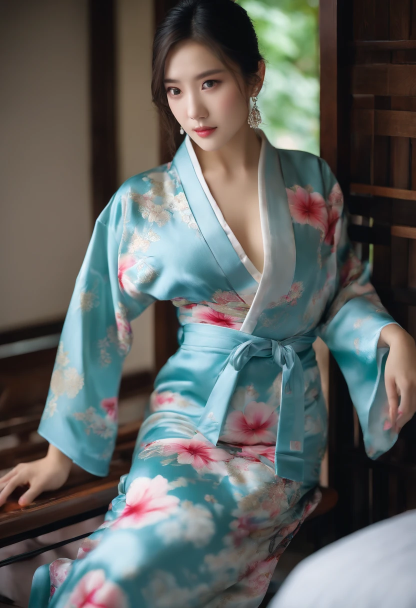 1 woman in her 20s、fair white skin、modeled、Indoors、on the beds、Colorful yukata with only the right shoulder、鎖骨、cleavage of the breast、tits out、No Underwear、masterpiece、top-quality