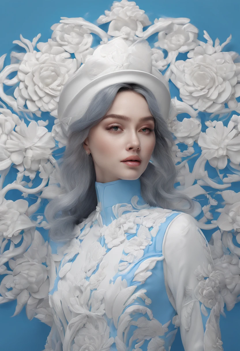Blue and white porcelain,Ceramic material,femele,Embossed petals,artwork of a,black hair, hair bobbles, wince, longeyelashes, solid circle eyes, fake animal ears, light smile, ear blush, fang, streaked hair, beret, beret, Surrealism, drop shadow, anaglyph, stereogram, tachi-e, pov, atmospheric perspective, 8k, super detail, ccurate, best quality