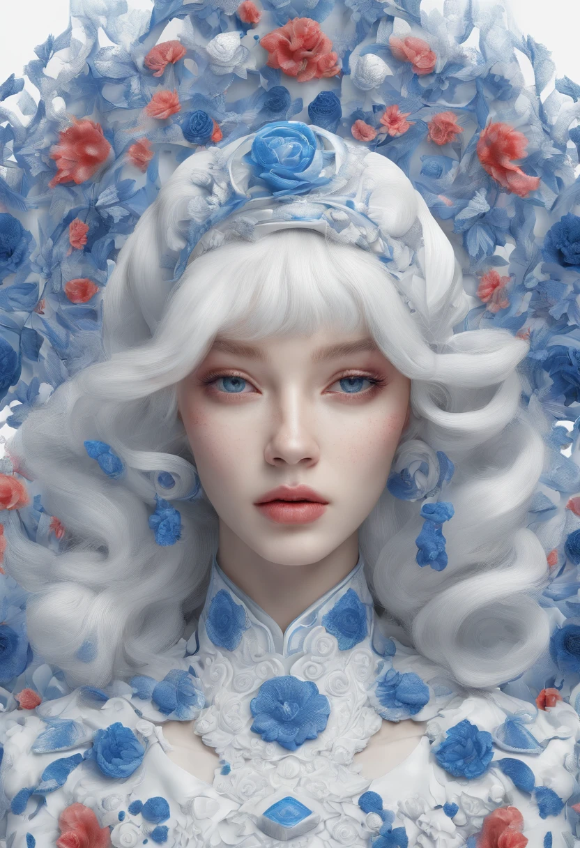 Blue and white porcelain,Ceramic material,femele,Embossed petals,artwork of a,black hair, hair bobbles, wince, longeyelashes, solid circle eyes, fake animal ears, light smile, ear blush, fang, streaked hair, beret, beret, Surrealism, drop shadow, anaglyph, stereogram, tachi-e, pov, atmospheric perspective, 8k, super detail, ccurate, best quality