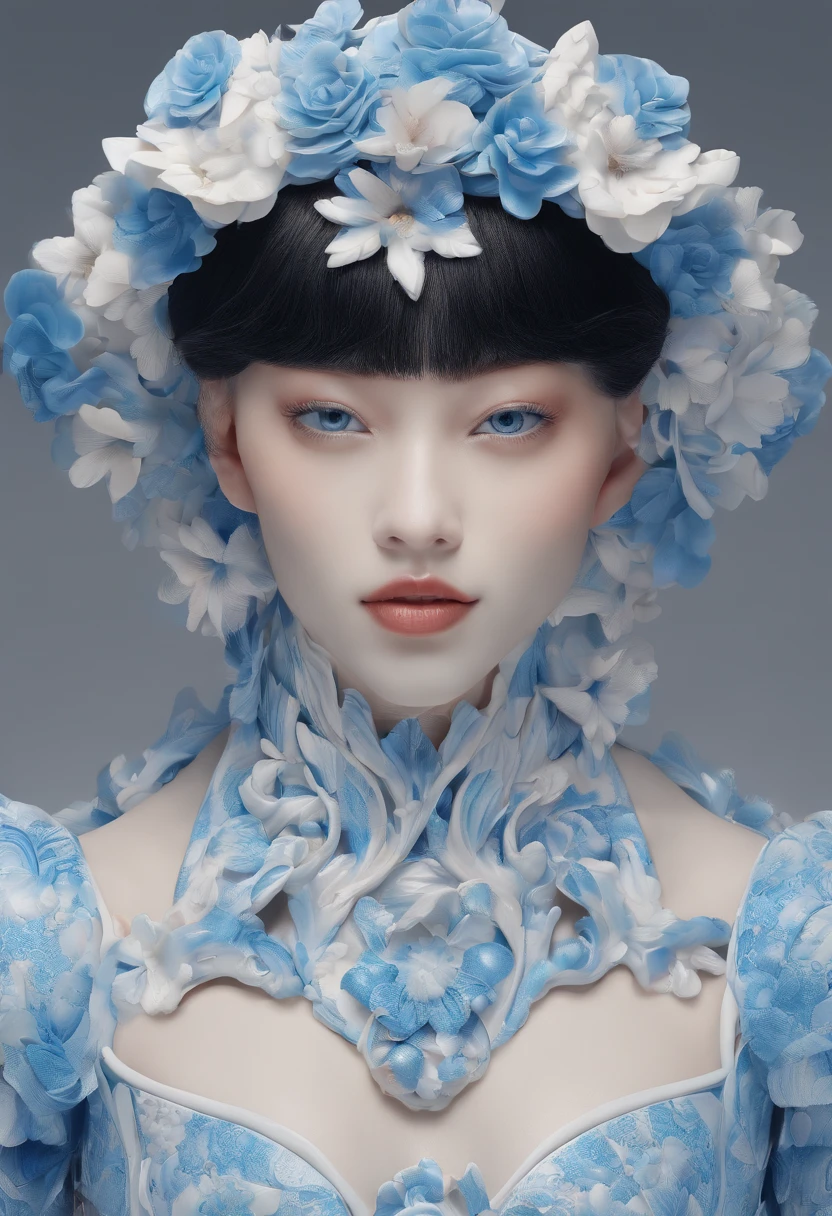 Blue and white porcelain,Ceramic material，femele，Embossed petals，artwork of a，black hair, hair bobbles, wince, longeyelashes, solid circle eyes, fake animal ears, light smile, ear blush, fang, streaked hair, beret, beret, Surrealism, drop shadow, anaglyph, stereogram, tachi-e, pov, atmospheric perspective, 8k, super detail, ccurate, best quality