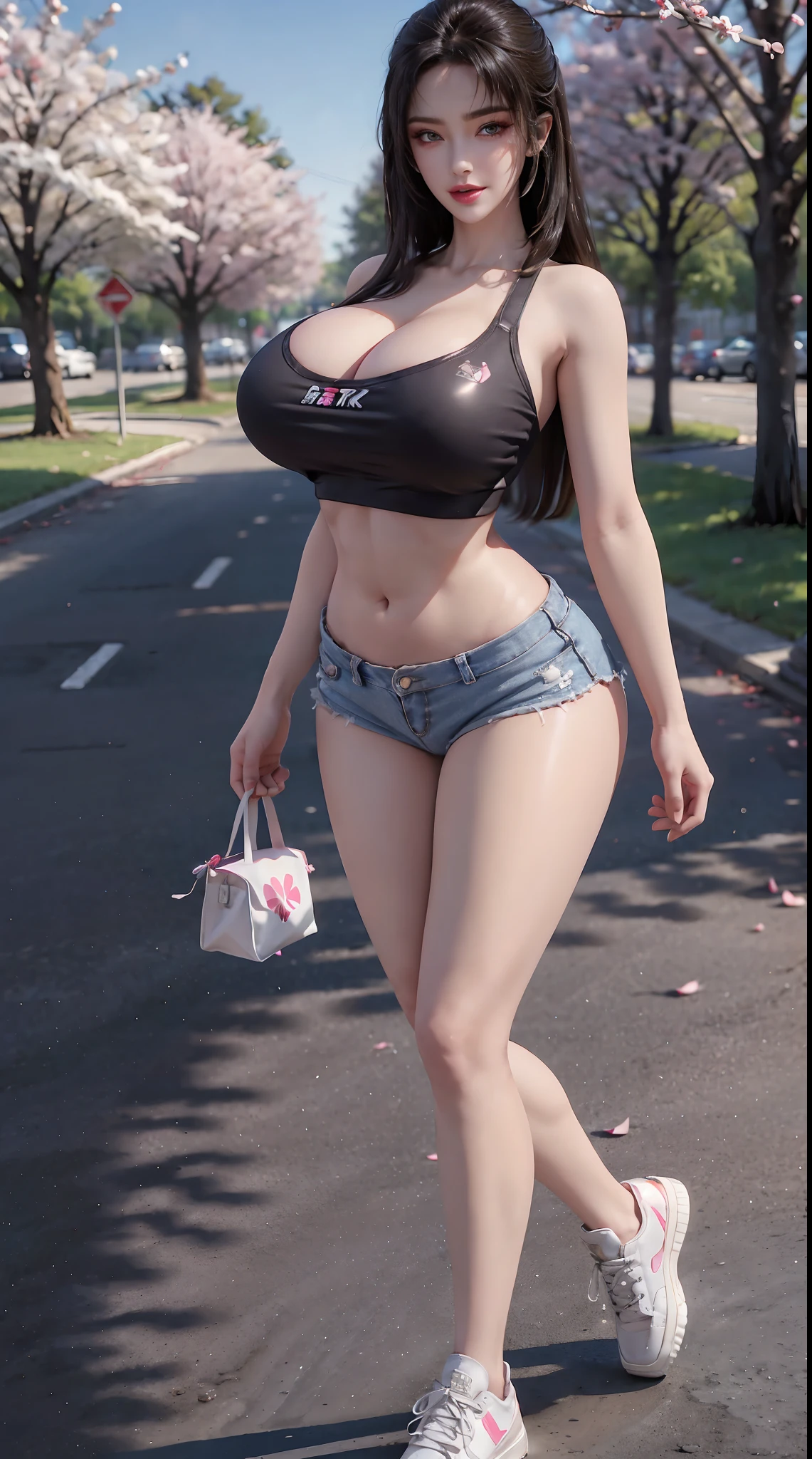 (nsfw:1), (1GIRL, SOLO), (ssmile, makeup, beautifull eyes), (BIG BUTTOCKS, 11 LINE ABS, HUGE BOOBS:1.5), (T-SHIRT CROP TOP, CLEAVAGE, TIGHT MINI HOTPANTS, SNEAKERS:1.5), (SLENDER BODY, SEXY LONG LEGS, FULL BODY:1.5), (LOOKING AT VIEWER:1), (WALKING DOWN ON STREET CHERRY TREES:1.3), PHYSICALLY-BASED RENDERING, ULTRA HIGHT DEFINITION, 8K, 1080P.