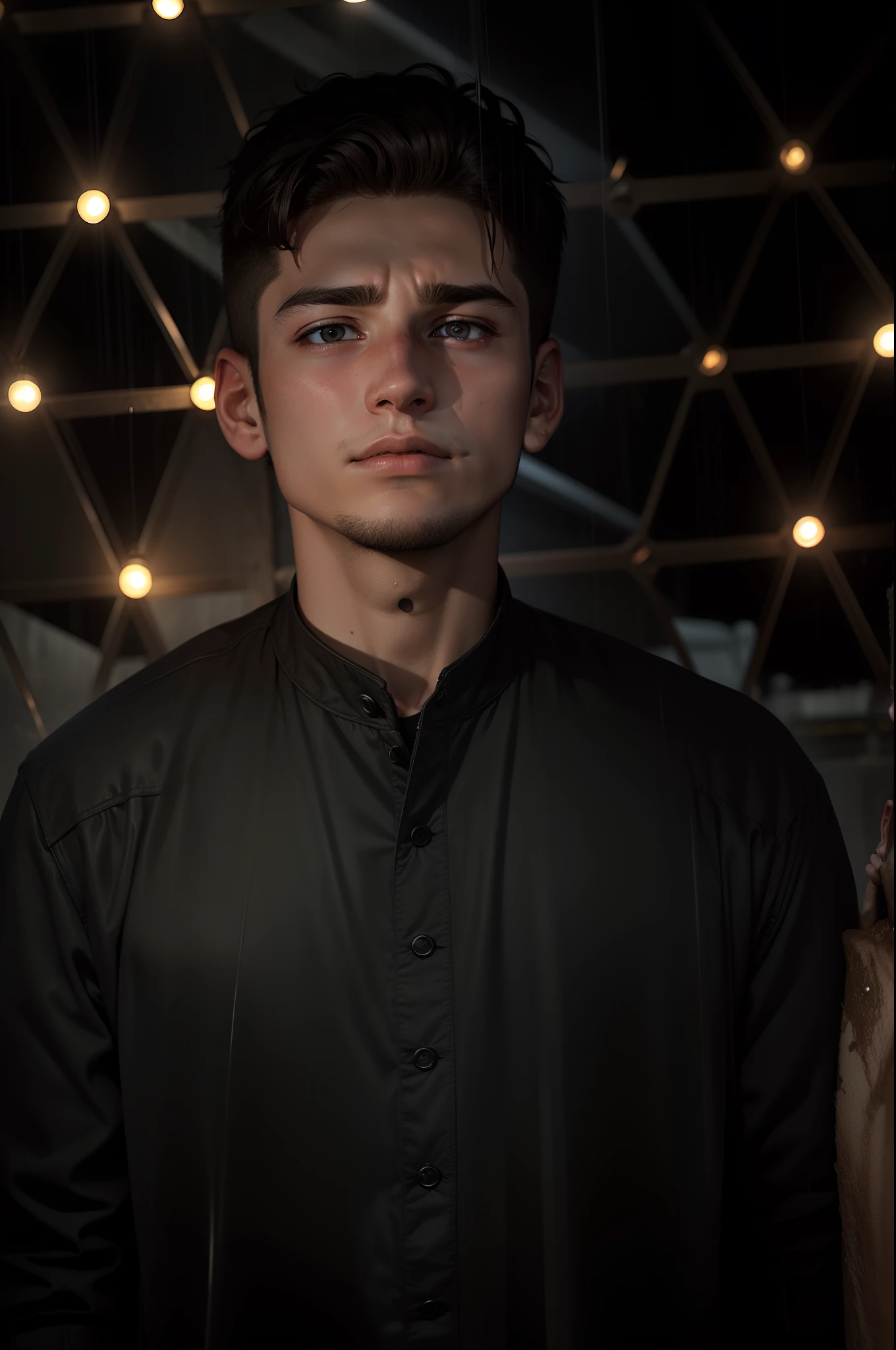 22-year-old young man, with a frightened face, in a humid and rainy setting, with a suspenseful atmosphere, photo taken at night