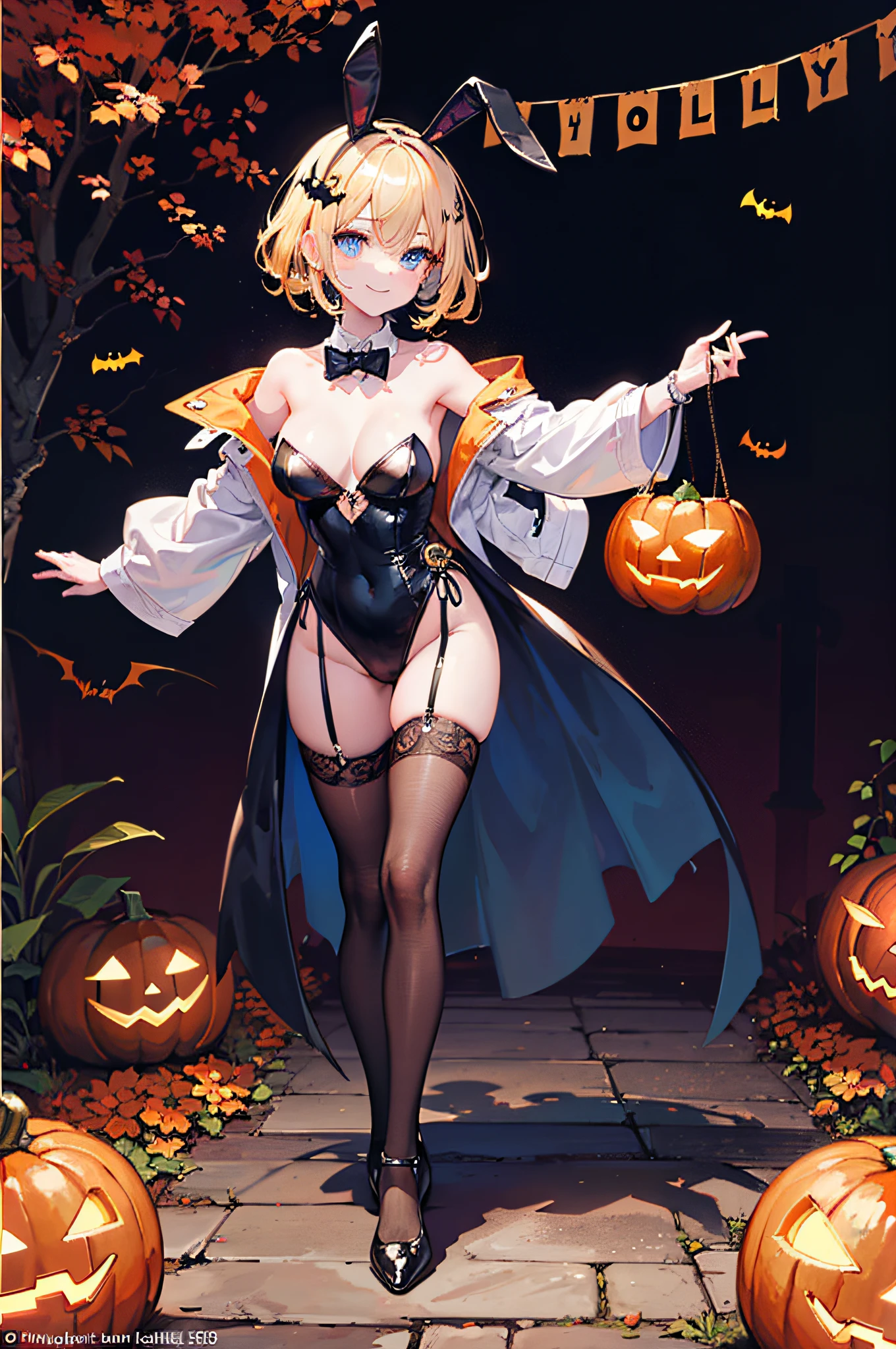 (Official art、Best Quality、Unity 8k Wallpapers、32K、masterpiece、ultra-detailliert、超A high resolution、realisitic、Photorealsitic:1.2)、(Cinematic lighting:1.2)、Fireglow effect、film grains、Best Shadows、(Ultra-detailed and complex 3D rendering)、Detailed beautiful face and eyes、A slender、Medium bust、(Full body:1.2)、side lights、 Highly detailed background、(super detailed skin、detailed skin textures:1.3)、(Close-up of a group of carved pumpkins in the park, jack-o-lanterns, Pumpkin glowing under the tree, Halloween atmosphere, Halloween Scene, jack - o'- lantern, pumpkins, Evil spirits walk around with lanterns, halloween celebration, Halloween, Spooky and scary atmosphere, halloween theme, Halloween Decorations, halloween night, shutterstock, trick or treat, edited、Very colorful、Vivid Color)、shinny skin、 20-year-old beauty、Beautiful wavy platinum blonde hair、 Blue eyes、beauitful face、Playboy Bunny Girl、High-cut leotards、a bow tie、Cuffs、Wearing fishnet stockings、Black rabbit ears、Ghost pumpkin hair ornament、With a rabbit tail in the ass,,,、Holding a haunted pumpkin in both hands、Bring your arms forward、(Happy expression on face、Self-satisfied smile:1.2)、dynamicposes