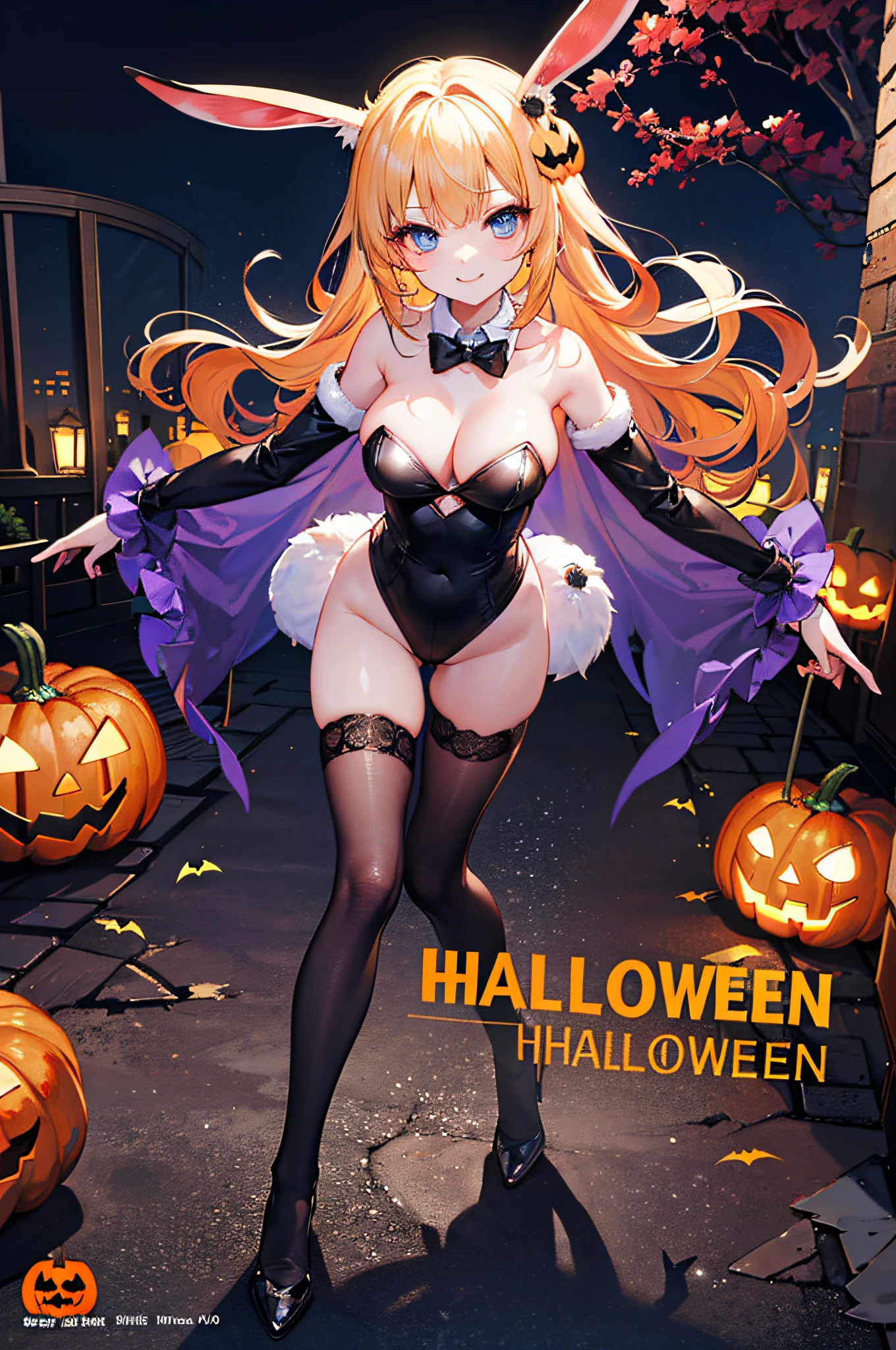 (Official art、Best Quality、Unity 8k Wallpapers、32K、masterpiece、ultra-detailliert、超A high resolution、realisitic、Photorealsitic:1.2)、(Cinematic lighting:1.2)、Fireglow effect、film grains、Best Shadows、(Ultra-detailed and complex 3D rendering)、Detailed beautiful face and eyes、A slender、Medium bust、(Full body:1.2)、side lights、 Highly detailed background、(super detailed skin、detailed skin textures:1.3)、(Close-up of a group of carved pumpkins in the park, jack-o-lanterns, Pumpkin glowing under the tree, Halloween atmosphere, Halloween Scene, jack - o'- lantern, pumpkins, Evil spirits walk around with lanterns, halloween celebration, Halloween, Spooky and scary atmosphere, halloween theme, Halloween Decorations, halloween night, shutterstock, trick or treat, edited、Very colorful、Vivid Color)、shinny skin、 20-year-old beauty、Beautiful wavy platinum blonde hair、 Blue eyes、beauitful face、Playboy Bunny Girl、High-cut leotards、a bow tie、Cuffs、Wearing fishnet stockings、Black rabbit ears、Ghost pumpkin hair ornament、With a rabbit tail in the ass,,,、Holding a haunted pumpkin in both hands、Bring your arms forward、(Happy expression on face、Self-satisfied smile:1.2)、dynamicposes