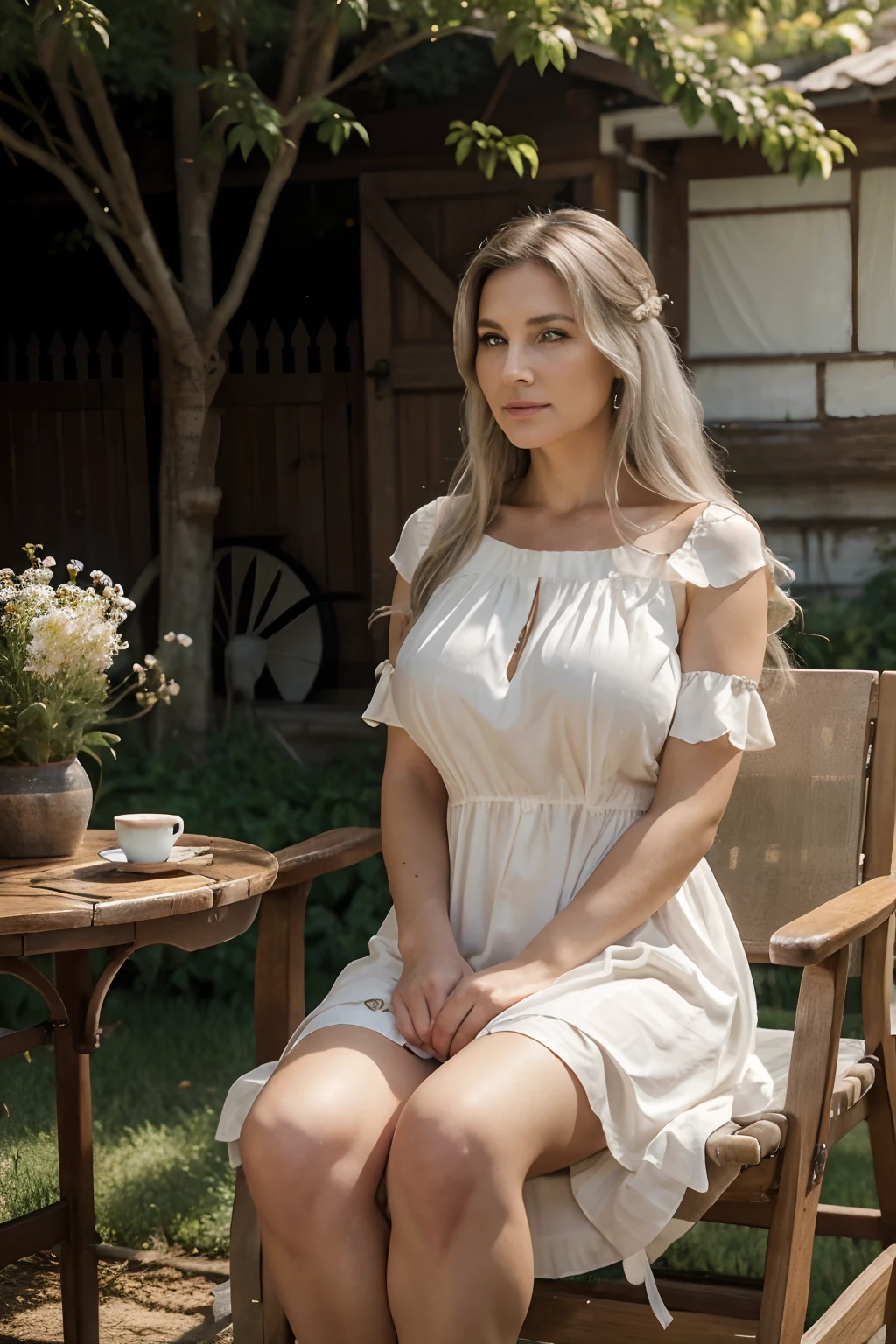 countryside, afternoon light, beautiful day, spring, full body photo, mature woman, old lady, milf, 42 years old, sitting on a garden chair, old style dress, classic dress, large neckline, shoulder strap falling, casual showing breasts, nipple slip, jewels, golden earings, pearl necklace, huge mom tits, beautiful mature face, perfect face, perfect nose, seductive look, long hair, white silver hair, 16k, photorealistic, real photo, nikon d800