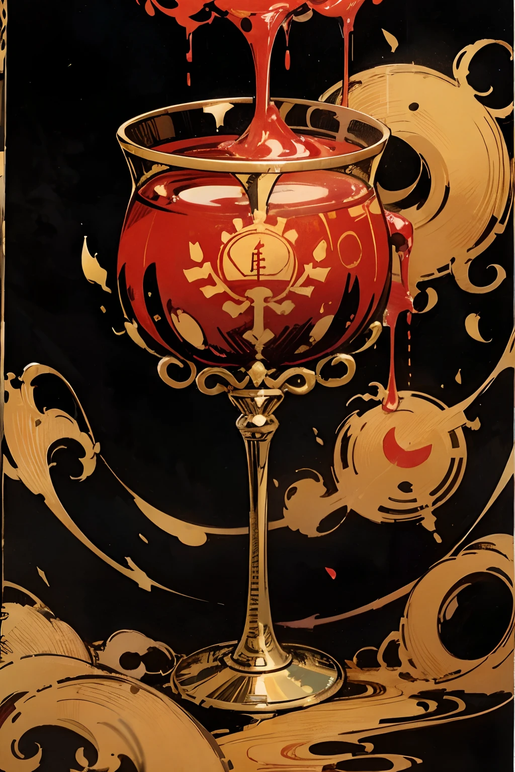 Anime comic style,cg,Delicate,Gold Cup,goblet,Corrupted,Carries red liquid,Keep popping up,unholy,rotten,with black background