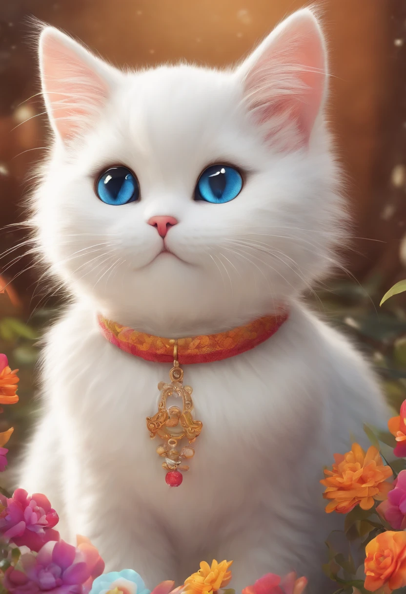 Cute cat,animation graphics,creativity colors,white cat,funny style,Background with charming colors,coloring book style