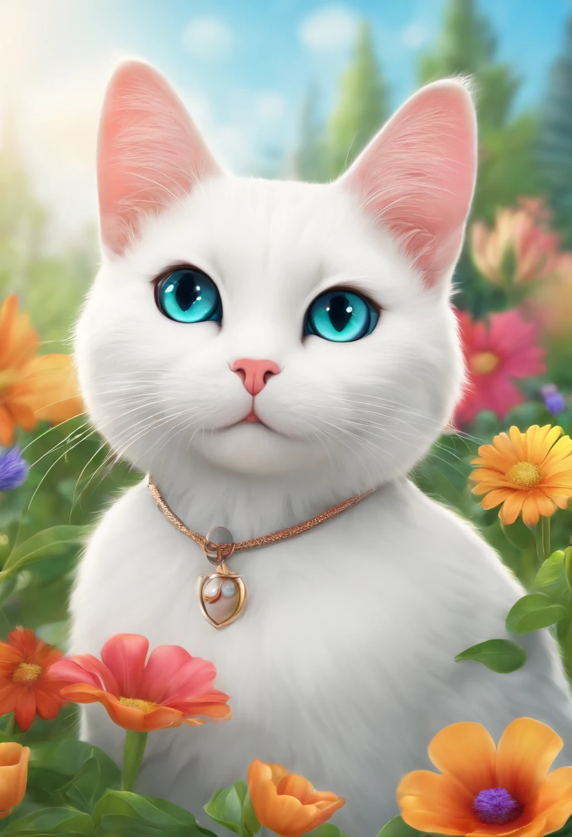 Cute cat,animation graphics,creativity colors,white cat,funny style,Background with charming colors,coloring book style
