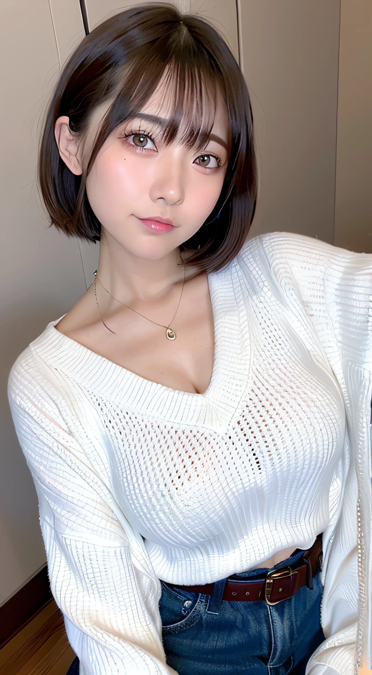 (top-quality、8K、32K、​masterpiece、nffsw:1.2)、Photo of a cute Japanese woman、Colossal tits:1.4、very short bobbed hair、The upper part of the body、sface focus、Oversized_Sweaters、a necklace、simple background、From  above、looking at the viewers、cleavage of the breast:1.5、Balanced body