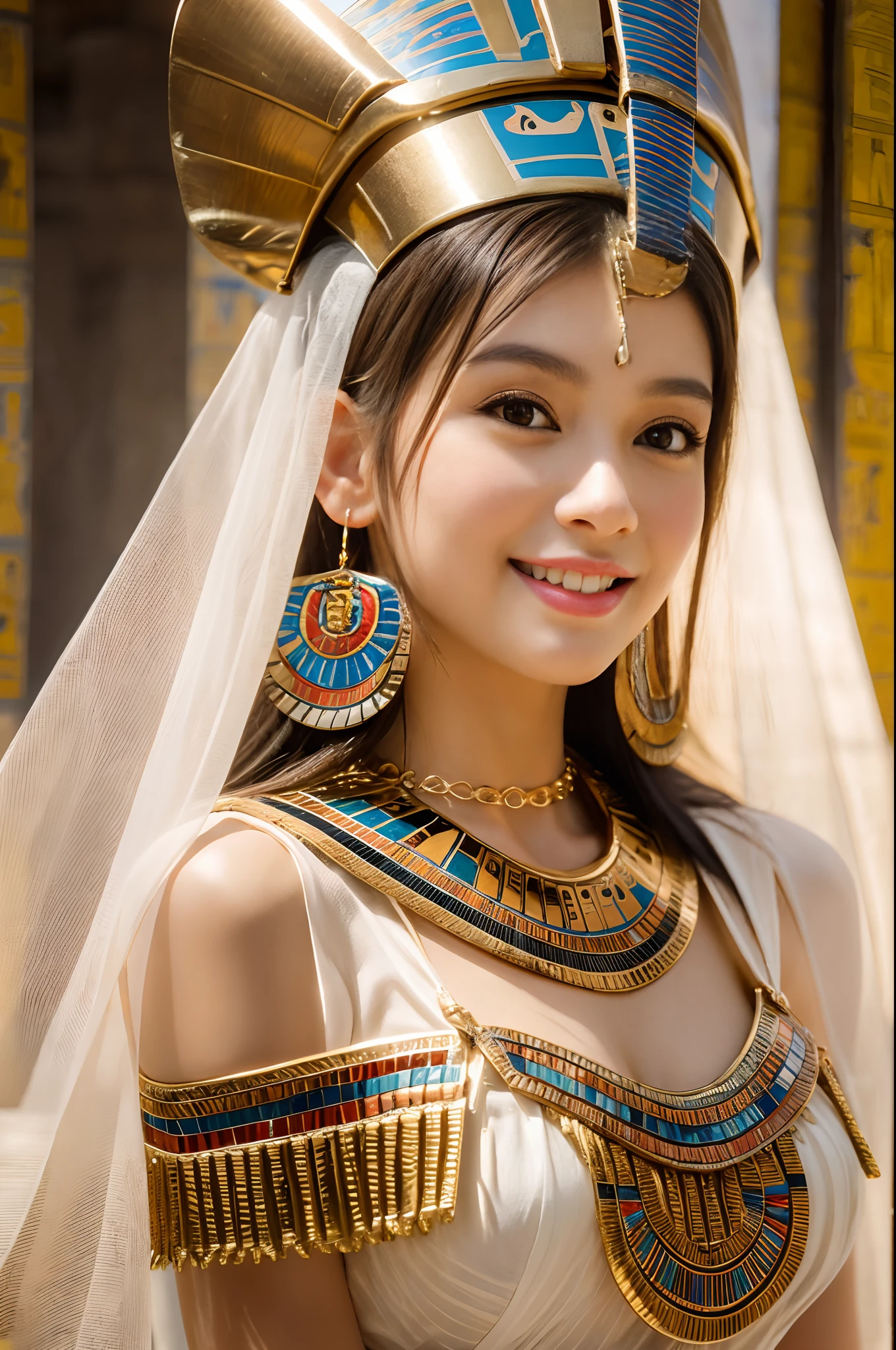 (((ancient egyptian Kalasiris))),(((ancient egyptian queen headpiece))),(((bib necklace))),(((bare inner thigh))),(((bangle))),(((ancient egypt traditional white sheer fabric cape))),ulzzang-6500-v1.1, (Raw photo:1.2), (Photo realistic:1.4), a beautiful detailed girl, extremely detailed eye and face, beautiful detailed eyes, ultra-detailed, High resolution, top-quality, masterpiece, highly detailed, 8k wallpaper, Wonderful, finely detail, top-quality, Light on the face,电影灯光,1girl in,(ancient egypt pyramids and sphinx),Beautiful eyes,smile,Opening Mouth