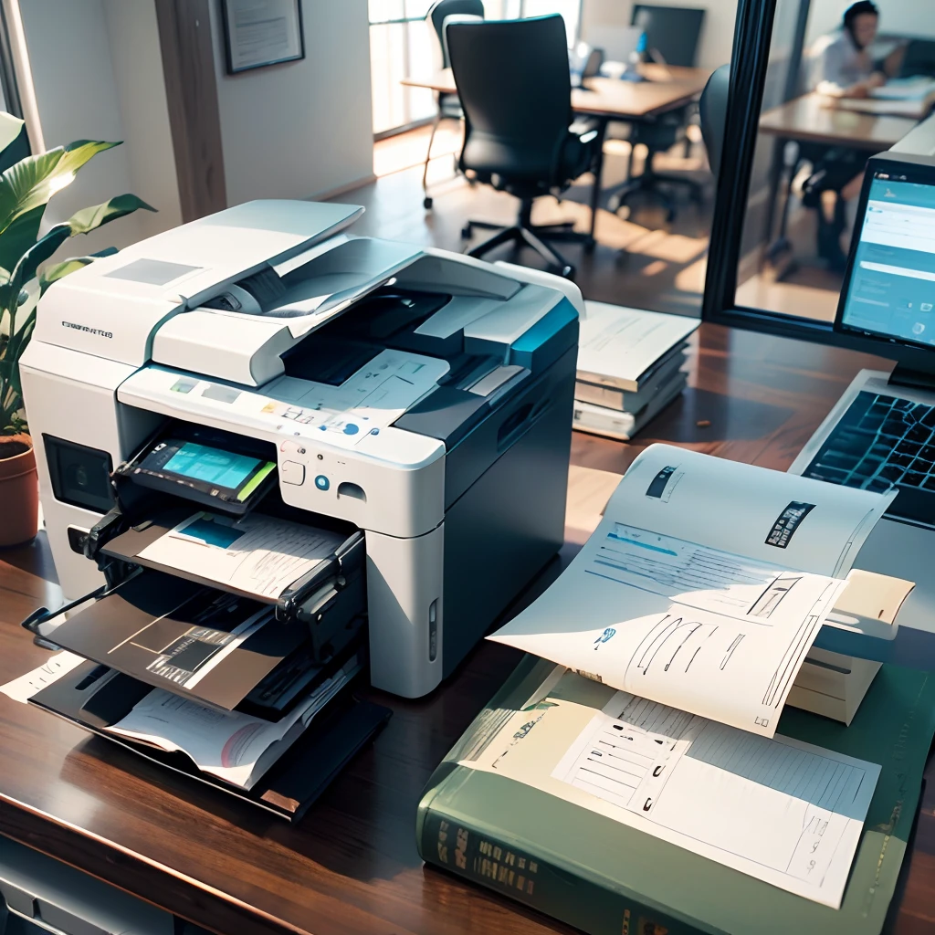 One printer，Office equipment，Print the file，A stack of copy paper，Busy，office room，big window, copy machine ，A Chinese，White skin,Handsome,large tall，suctioning，Chinese，the detail，Neatness，Paper，Computer，upscales， --auto --s2