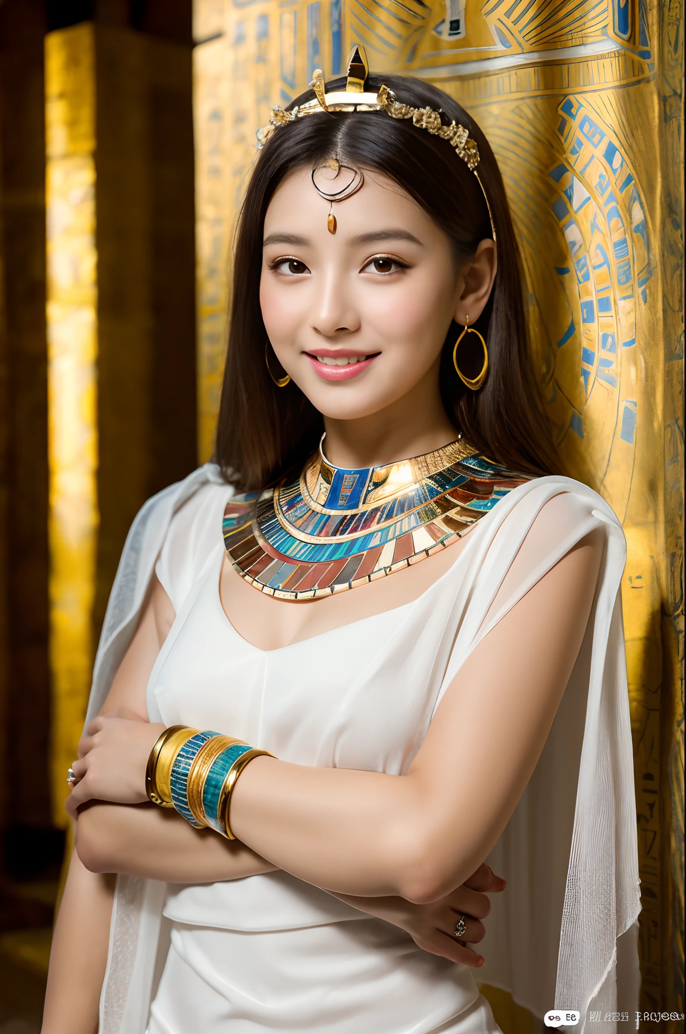 (((ancient egyptian Kalasiris))),(((ancient egyptian queen headpiece))),(((bib necklace))),(((bare inner thigh))),(((bangle))),(((ancient egypt traditional white sheer fabric cape))),ulzzang-6500-v1.1, (Raw photo:1.2), (Photo realistic:1.4), a beautiful detailed girl, extremely detailed eye and face, beautiful detailed eyes, ultra-detailed, High resolution, top-quality, ​masterpiece, highly detailed, 8k wallpaper, Wonderful, finely detail, top-quality, Light on the face,电影灯光,1girl in,(ancient egypt pyramids and sphinx),Beautiful eyes,smile,Opening Mouth