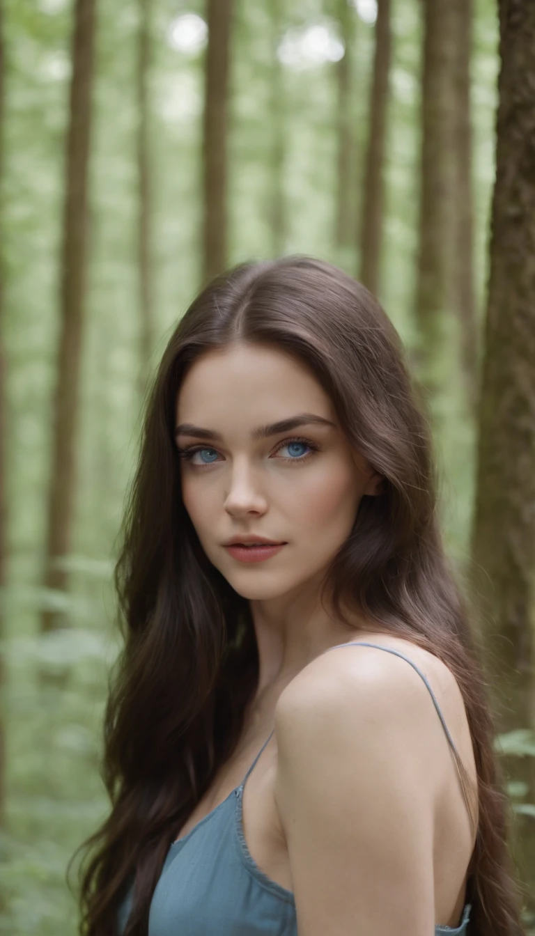 a medium-shot of a super beautiful girl around 23 yo with amazing blue eyes and dark long hair. during walk in the forest
