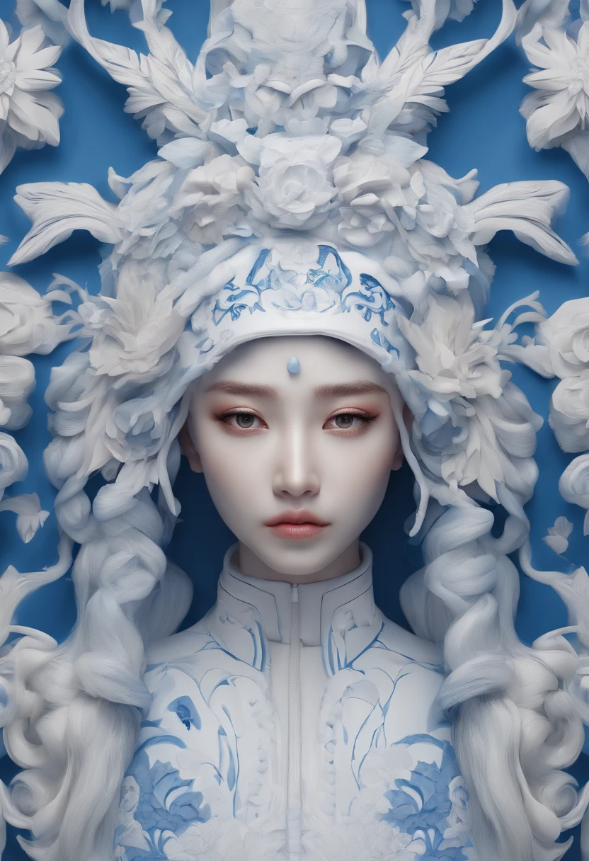 Blue and white porcelain,Ceramic material,femele,Embossed petals,artwork of a,Long hair, Ancient Chinese style,long eyelasher, solid circle eyes, Fake animal ears, Light smile, Ear blush, Fang, Striped hair, beret, beret, surrealism, shadowing, anaglyph, stereograms, tachi-e, angle of view, Atmospheric perspective, 8K, Super detail, ccurate, Best quality