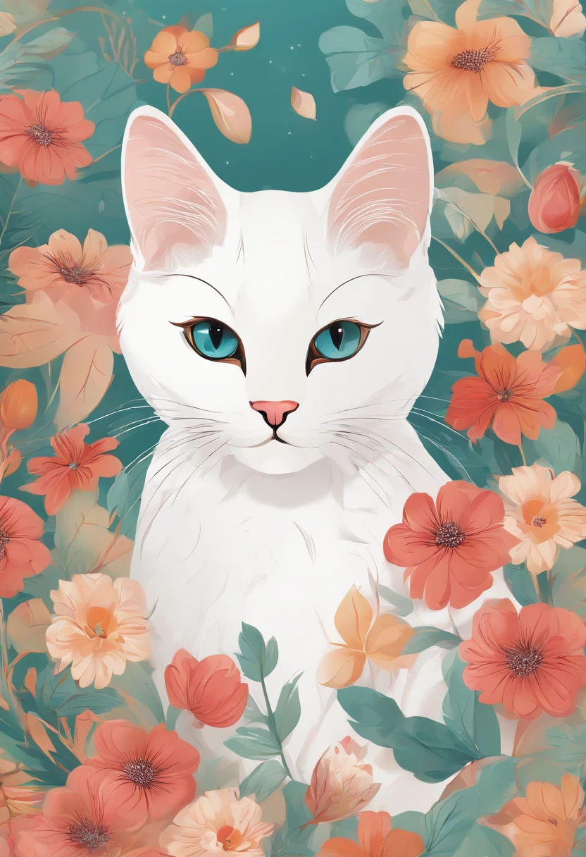 Cute cat,creativity colors,white cat,funny style,Background with charming colors,coloring book style