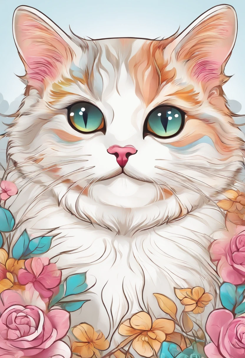 Cute cat,creativity colors,white cat,funny style,Background with charming colors,coloring book style