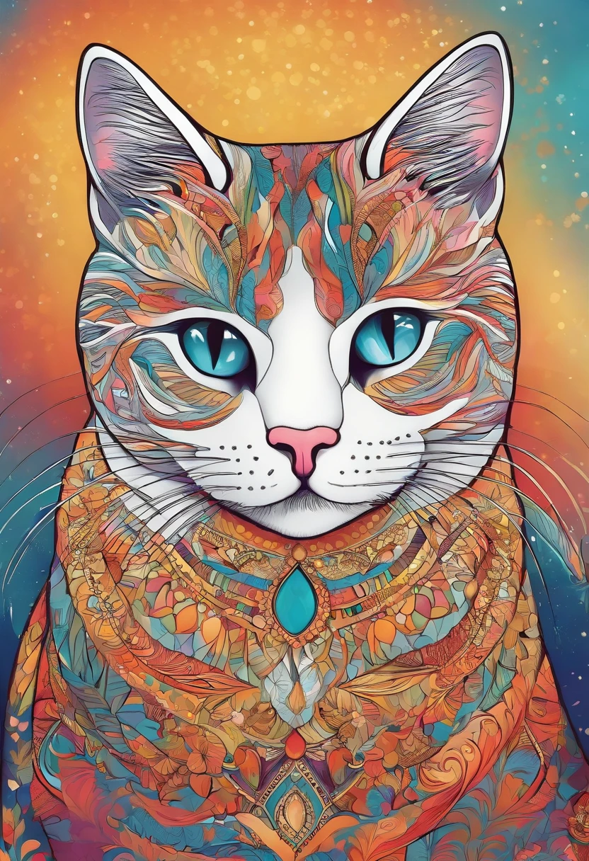 Cute cat,creativity colors,white cat,funny style,Background with charming colors,coloring book style