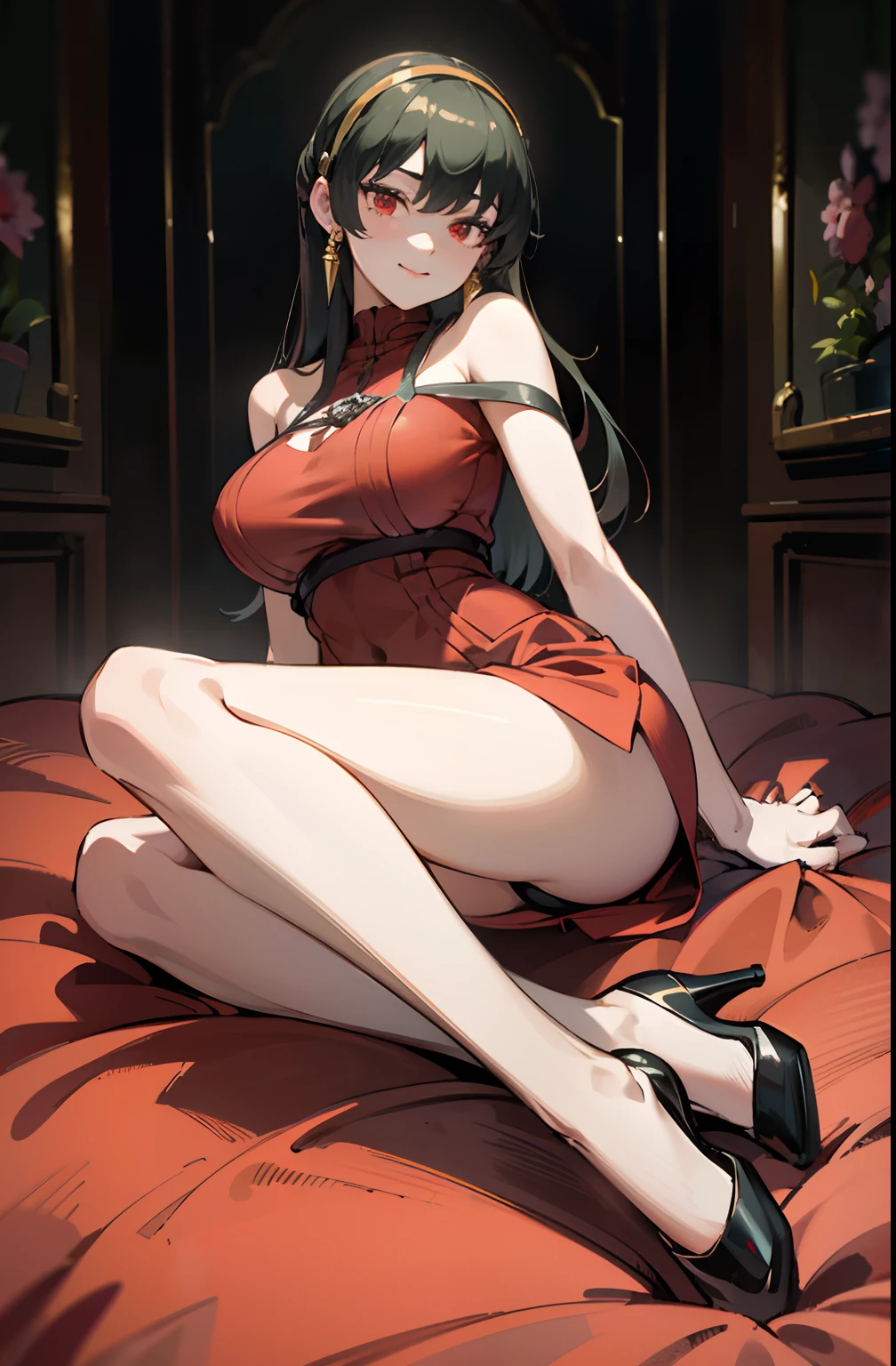 (A hyper-realistic), (illustratio), (hight resolution), (8K), (ighly detailed), (The best illustrations), (beatiful detailed eyes), (top-quality), (ultra-detailliert), (masterpiece), (detailed face), full body,inner colored,solo,Girl in tight red dress, huge tits, smile, high heel, spreading legs, inner thigh, thick thighs, layed on a divan, yor, black hair, hairband, golden earings, red eyes, long hair