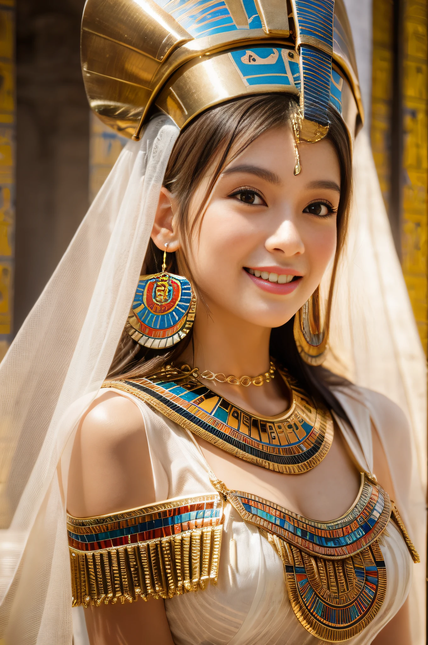 (((ancient egyptian Kalasiris))),(((ancient egyptian queen headpiece))),(((bib necklace))),(((bare inner thigh))),(((bangle))),(((ancient egypt traditional white sheer fabric cape))),ulzzang-6500-v1.1, (Raw photo:1.2), (Photo realistic:1.4), a beautiful detailed girl, extremely detailed eye and face, beautiful detailed eyes, ultra-detailed, High resolution, top-quality, ​masterpiece, highly detailed, 8k wallpaper, Wonderful, finely detail, top-quality, Light on the face,电影灯光,1girl in,(ancient egypt pyramids and sphinx),Beautiful eyes,smile,Opening Mouth