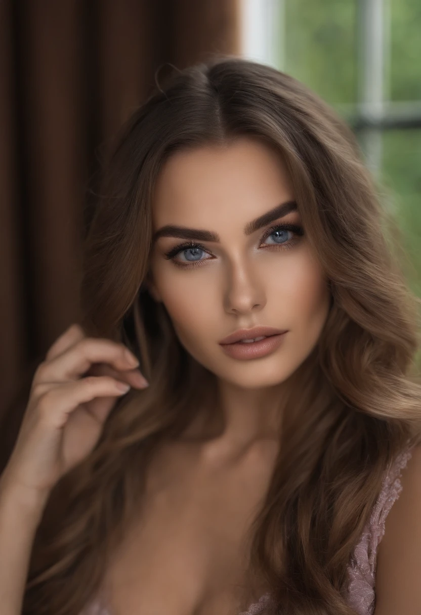 Arafed woman completely , fille sexy aux yeux bruns, ultra realist, Meticulously detailed, Portrait Sophie Mudd, cheveux bruns et grands yeux, selfie of a young woman, Yeux de chambre, Violet Myers, sans maquillage, maquillage naturel, looking straight at camera, Visage avec Artgram, Maquillage subtil, Great photo of the whole body kneeling on the bed, dans la chambre, Medium to large bust