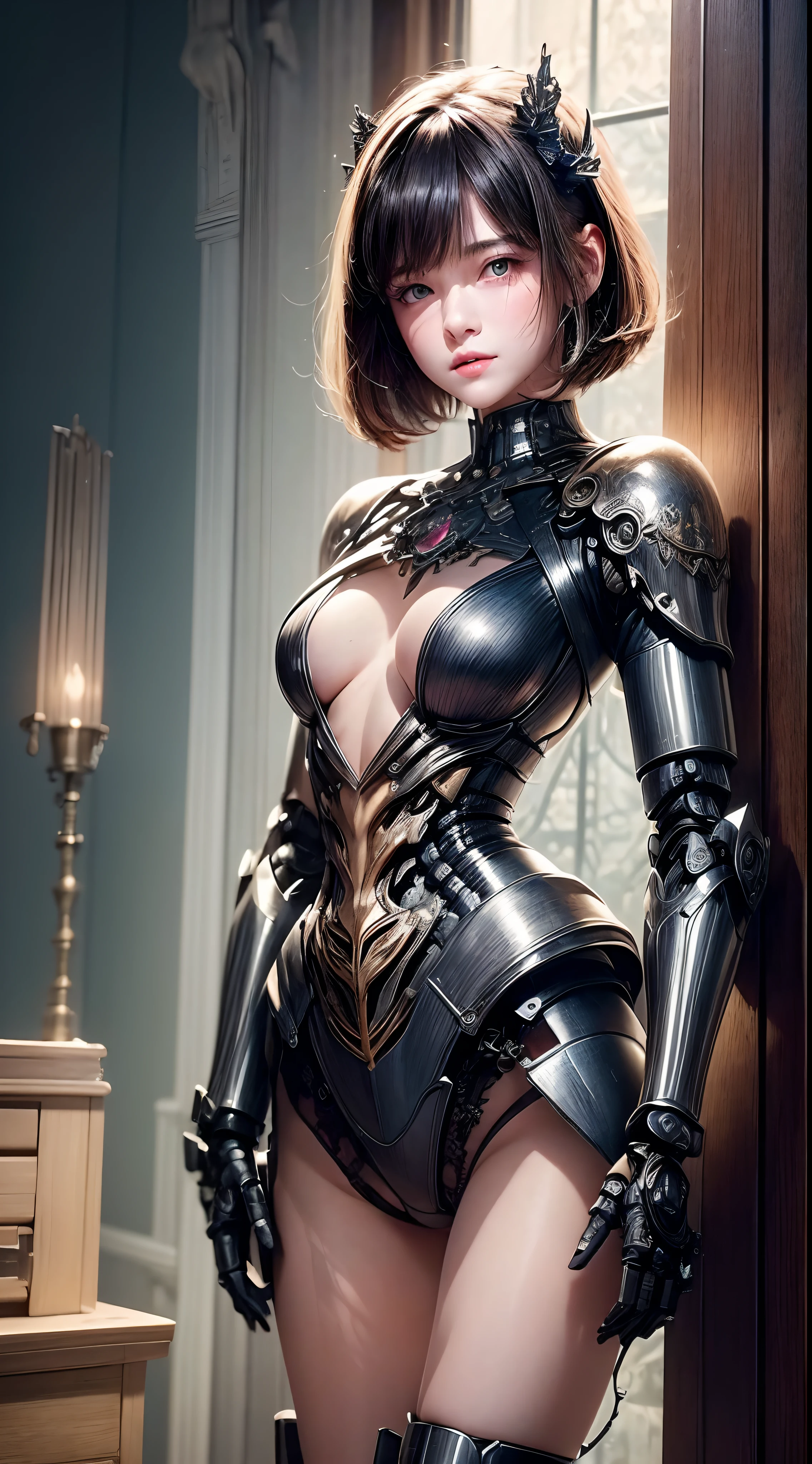 (((masterpiece)))、((top-quality))、(The ultra-detailliert)、(CG Illustration)、(Very Beautiful ))、Cinematic Light、((1 Mechanical Girl))、 scientific fiction、Apocalypse、Erotic grotesque、research institute(Beautiful and indulgent:1.2)、(1girl in:1.3)、Facing the front,Shorthair,