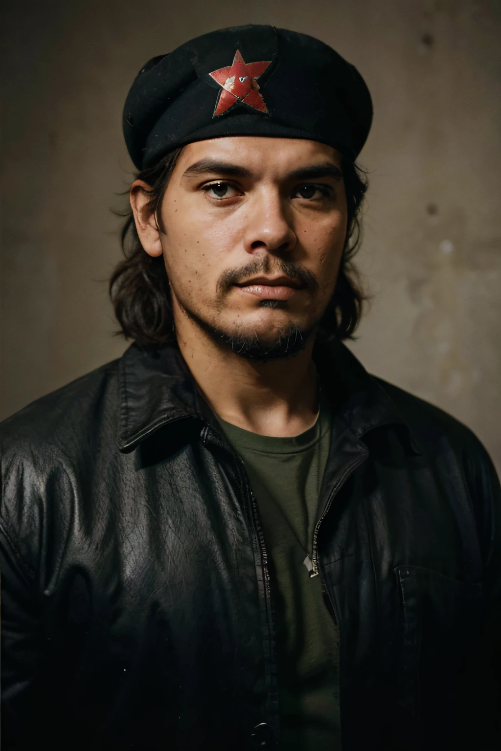 Generate an image depicting Ernesto "Che" Guevara, a Marxist revolutionary and guerrilla leader born on June 14, 1928, in Rosario, Argentina. He is an iconic figure of the Cuban Revolution and was involved in revolutionary movements across Latin America and Africa. Che Guevara is often associated with symbols of resistance and social change. He is recognizable by his star-adorned beret, thick beard, and intense gaze. The portrait should evoke his determination, charisma, and commitment to social justice and revolution.