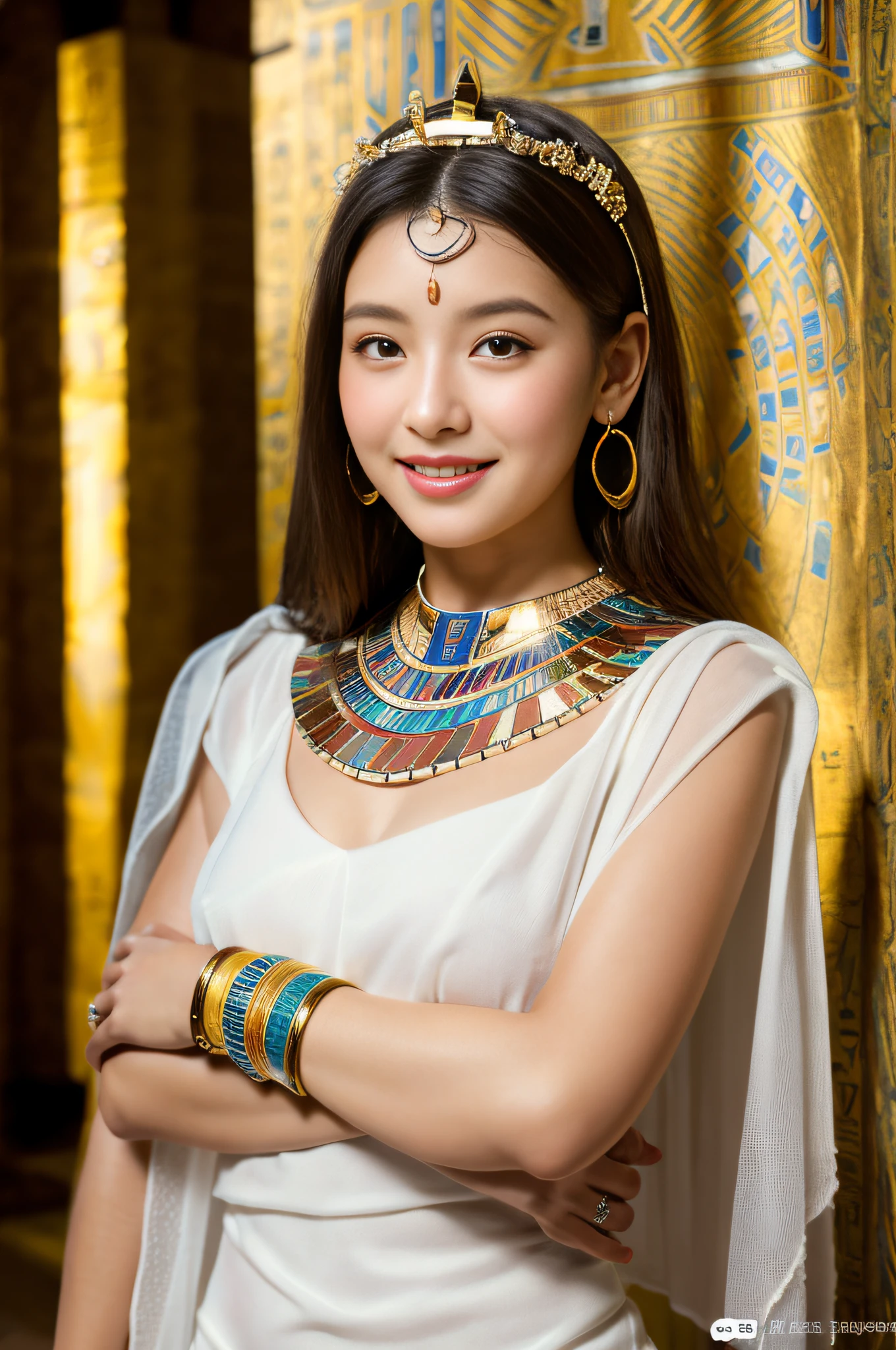 (((ancient egyptian Kalasiris))),(((ancient egyptian queen headpiece))),(((bib necklace))),(((bare inner thigh))),(((bangle))),(((ancient egypt traditional white sheer fabric cape))),ulzzang-6500-v1.1, (Raw photo:1.2), (Photo realistic:1.4), a beautiful detailed girl, extremely detailed eye and face, beautiful detailed eyes, ultra-detailed, High resolution, top-quality, masterpiece, highly detailed, 8k wallpaper, Wonderful, finely detail, top-quality, Light on the face,电影灯光,1girl in,(ancient egypt pyramids and sphinx),Beautiful eyes,smile,Opening Mouth