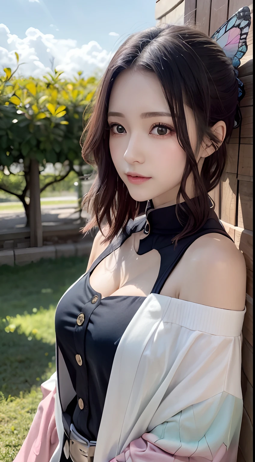 Ultra-realistic 8K CG,tmasterpiece,((Ultra detailed backgrounds,delicate patterns,Complicated details)),Best quality at best,very vey very detailed face,very detailed eyes and faces,Very detailed eyes,Kochou Shinobu,O cabelo multicolorido,No bangs,hair intakes,Purple eye,Forehead,Black shirt,Black pantsuit,haori,butterflys,Button,obi strip,(trpical garden:1.2),purple flower,tchibi,mostly cloudy sky,rays of sunshine,Tyndall effect,Gradient_sky,the face,beautiful sky,Saber on the waist,captivating posture,(Large breasts),(cleavage),(Off-the-shoulder attire:1.3)