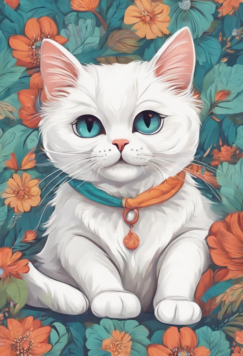 Cute cat,colorful,white cat,funny style,Background with charming colors,coloring book style