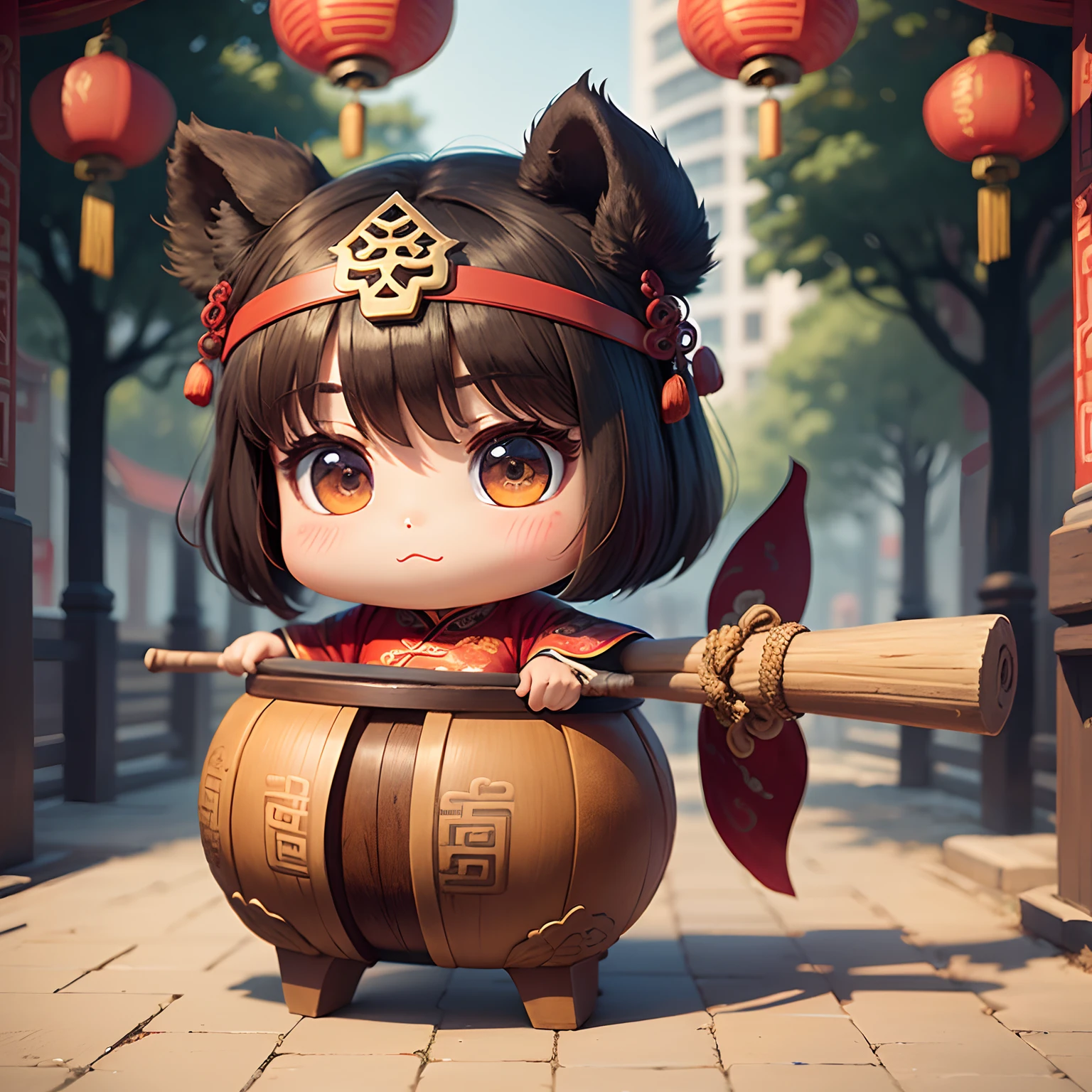 masterpiece、top-quality、ultra-detailliert、(Chibi Chara Ancient Chinese Man:1.2),Giant drum,Hold a stick in both hands、Fun、full bodyesbian、Chinese New Year Festival、