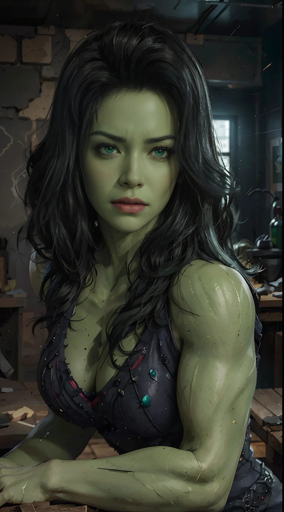 best quality,4k,8k,highres,masterpiece:1.2,ultra-detailed,(realistic,photorealistic,photo-realistic:1.37),beautiful detailed eyes,beautiful detailed lips,extremely detailed eyes and face,longeyelashes,1girl, full body shot, Jennifer Connelly as HULK, green body skin,green costume, fierce expression, (growling), angry face, strong muscular build, super muscular, defined muscles, black hair, Marvel superheroine,emerald hue,glowing green eyes,smashing through walls,super strength,city skyline,hulk transformation,crumbling debris,epic battle,shattered glass,flying debris,studio lighting,colorful comic book style,superhero action,shadow and light interplay,contrasting colors,emotive art style