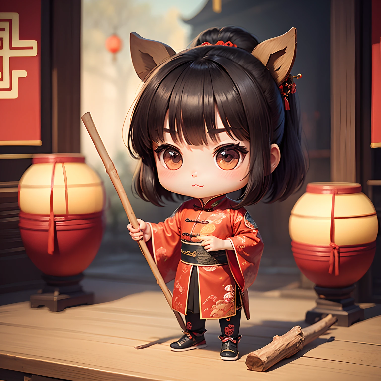​masterpiece、top-quality、ultra-detailliert、(Chibi Chara Ancient Chinese Man:1.2),Giant drum,Hold a stick in both hands、Fun、full bodyesbian、Chinese New Year Festival、