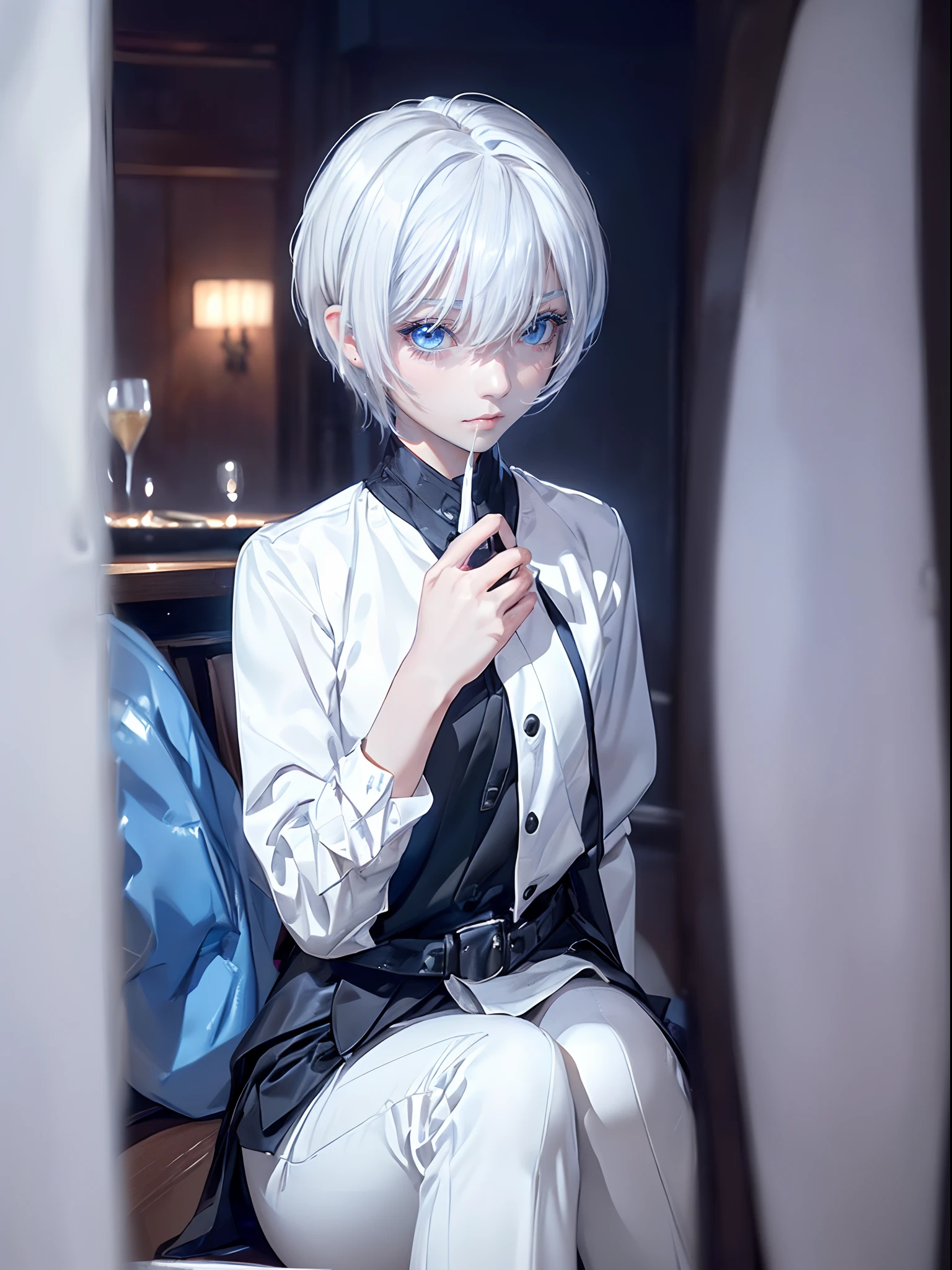((4K works))、masterpiece、(top-quality)、One Beautiful Girl、Slim body、tall、((Black Y-shirt and white pants、Charming street style))、Please wear one jacket、Wearing a hood to hide his face、(Detailed beautiful eyes)、Restaurant at night、((Evening dining at the restaurant))、((Face similar to Carly Rae Jepsen))、((Short-haired white hair))、((Smaller face))、((Neutral face))、((Bright blue eyes))、((American adult women))、((Adult female 26 years old))、((cool lady))、((Like a celebrity))、((deadpan))、((Korean Makeup))、((elongated and sharp eyes))、((Happy dating))、((boyish))、Professional Photos、((Shot alone))、((He is trying to eat during))、((He sits in front of the viewer))、((shot from front))、((Shot near him))