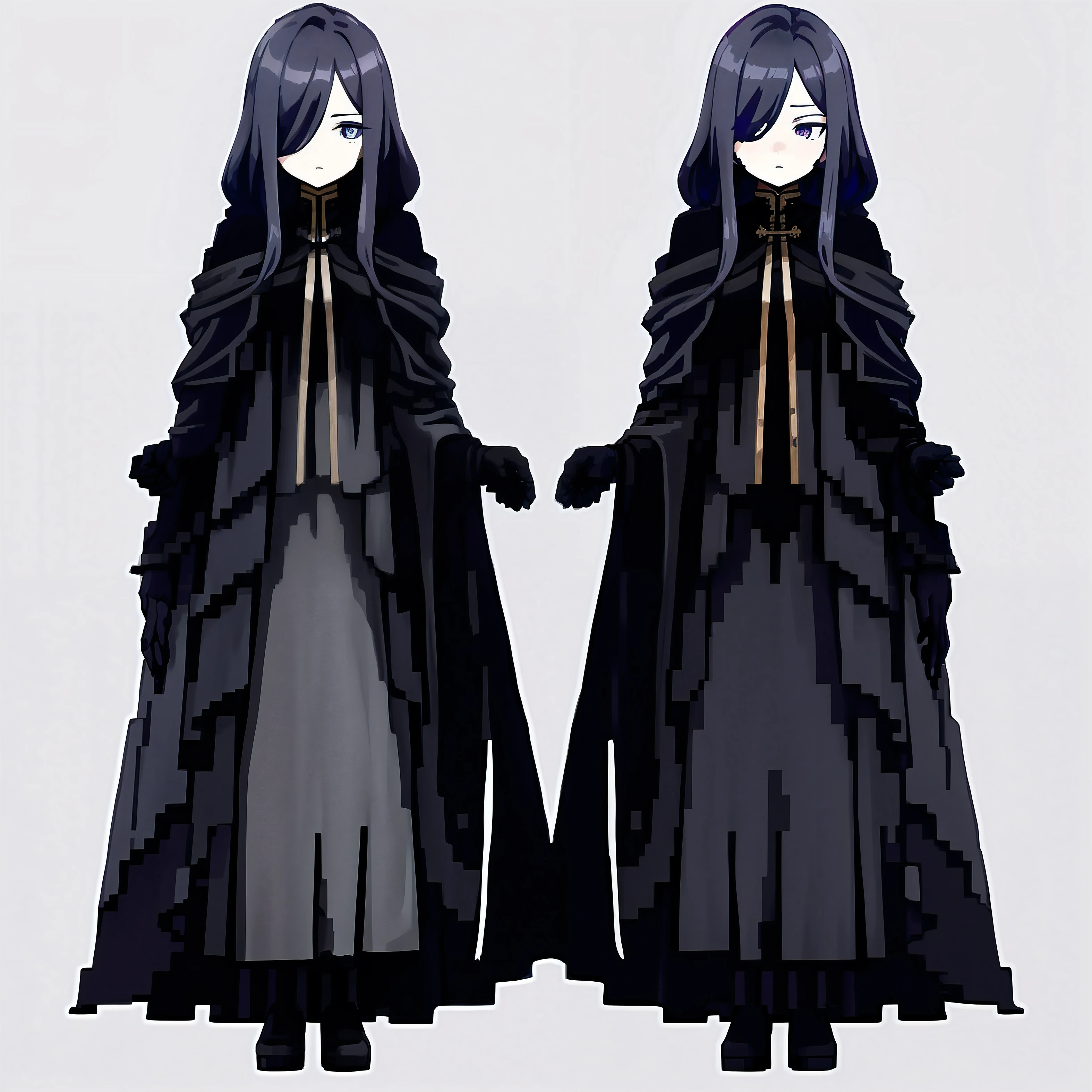 wears a long, flowing cloak made of deep indigo fabric that seems to ripple like the night sky when they move. Underneath, they don a form-fitting, dark, tailored suit that is both practical and stylish. Their boots are worn and dusty, suggesting long journeys, and they always have a pair of fingerless gloves on.