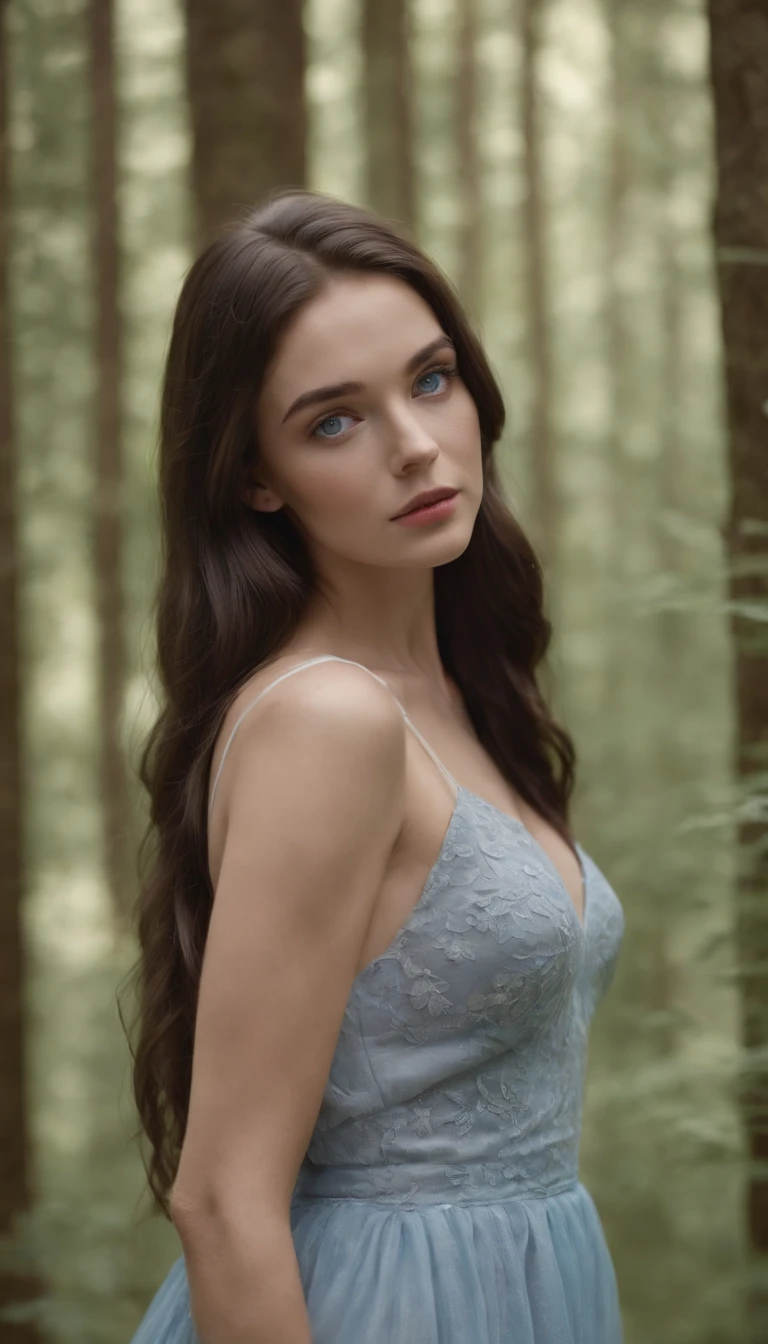 masterpiece, best quality, ultra-detailed), shot of a super beautiful girl around 23 yo with realistic blue eyes and dark long hair. during walk in the forest