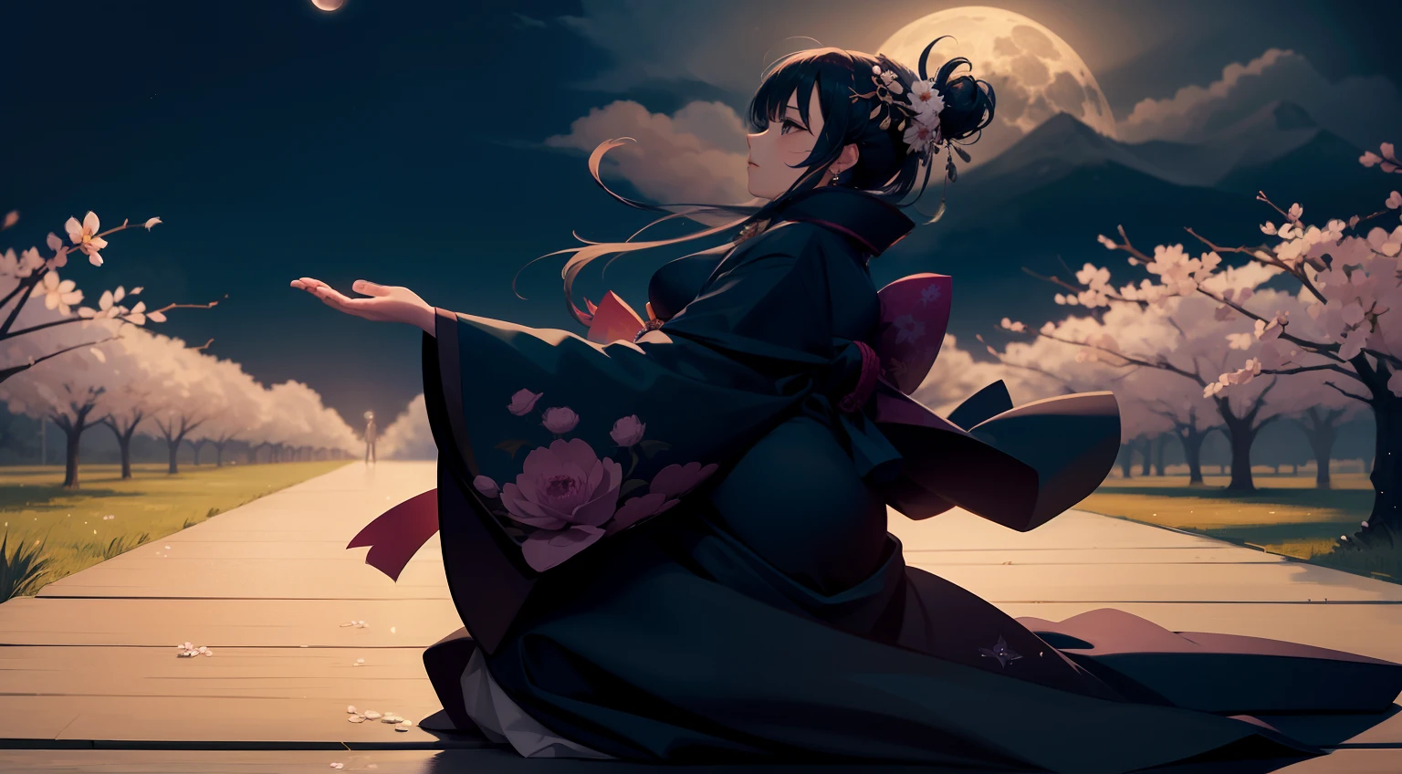 June Knight, Woman in elegant kimono standing alone. Beauty under the moon, aster, Weaving a love story, Her bright kimono,It sparkles with a dense design of flowers, Reflects this symbolism. Her figure, backs、Looking up at the moon、Lonely silhouette on spring meadow background, Invoking inspirational charm. Emphasizes the quiet beauty of her melancholic gaze. It is as if she is the living embodiment of asters - a seductive fusion of beauty, grace, And intriguing charm, Resonate harmoniously with the enchanting twilight.