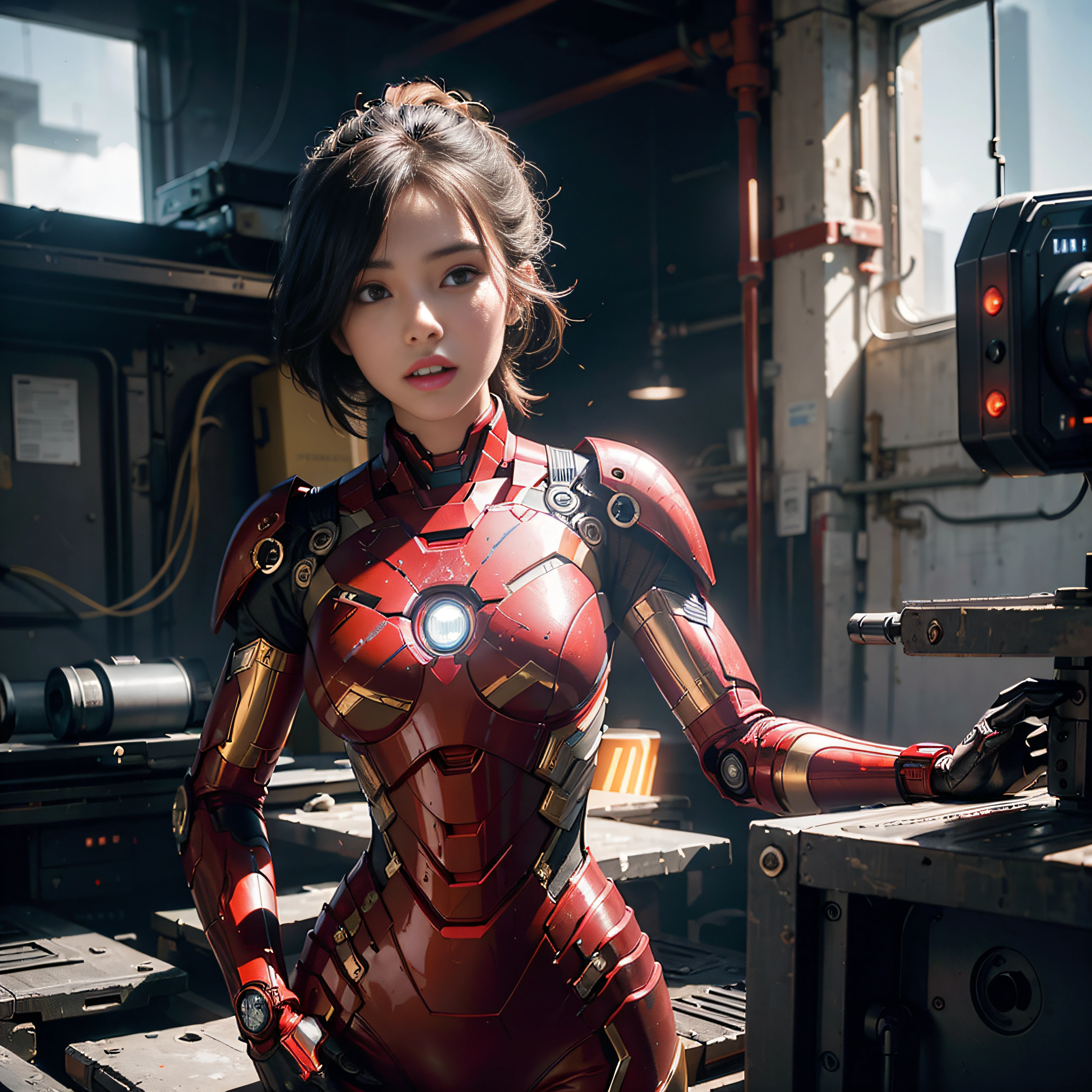 (1girl:1.3), solo,__body-parts__, official art, unity 8k wallpaper, ultra detailed, beautiful and aesthetic, beautiful, masterpiece, best quality, RAW, masterpiece, super fine photo,, best quality, super high Resolution, photorealistic, sunlight, full body portrait, stunningly beautiful,, dynamic pose, delicate face, vibrant eyes, (side view), she is wearing a futuristic Iron Man mech, red and gold, Highly detailed abandoned warehouse background, detailed face, detailed complex busy background, messy, gorgeous, milky, high detailed skin, realistic skin details, visible pores, sharp focus, volumetric fog, 8k uhd, dslr camera, High quality, film grain, fair skin, photorealism, lomography, sprawling metropolis in a futuristic dystopia, view from below, translucent