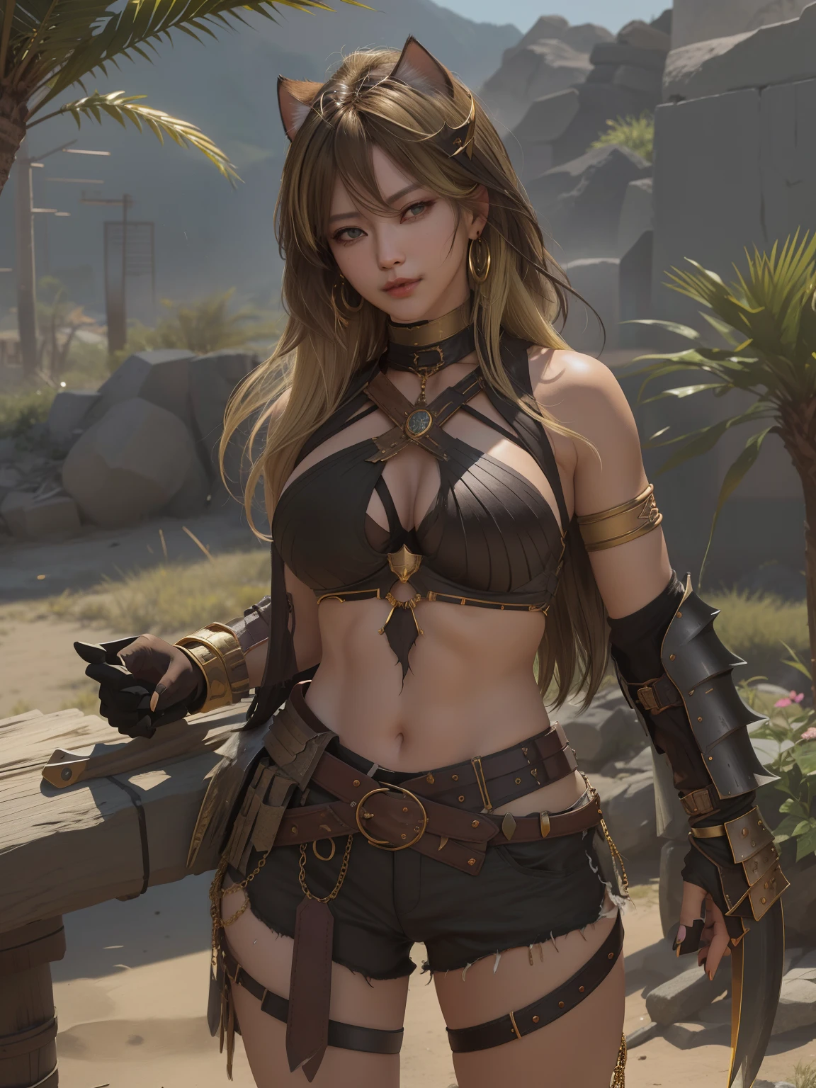 ((masutepiece)), (Best Quality:1.7), (Detailed:1.4), (hight resolution:1.4), 8K, (Colorful:1.5), 2D, High resolution, Sharp Images, Raw photo, Dehya_Genshin, 1girl in, (((Solo))), Black hair, Long hair, Blue eyes, big eye、A smile, middle body, Big breasts, Blonde bangs, Cat ears, ((middle body)), Black pants, Shirt,Torn clothes, Cowboy Shot, (((Jewelry))), Black Gloves, (((armor))), thighs thighs thighs thighs, 鎖骨, Official Custom Rep, Armor Choker, A desert, cleavage, Parted lips, striated hair, Midriff, Hair intake, dark skinned female, halterneck, armlet, Black Gloves, ((criss-cross halter)), Torn clothes, Belt bag, Red Nails, nail polish, (((Armor Armlet))), fingerless glove, Two-tone breasted, ((thighs thighs thighs thighs)), angry, Serious, closes mouth, Narrow eyes, eye line, ((Looking at Viewer)), Red chest, ((Bare legs)), Sunset, Gloves with claws, hand on own hip, (((shoulder armer))), Armor Bracelet, Belt Armor, (earrings), Gold Chain, ornaments, ((Partial blonde hair)),