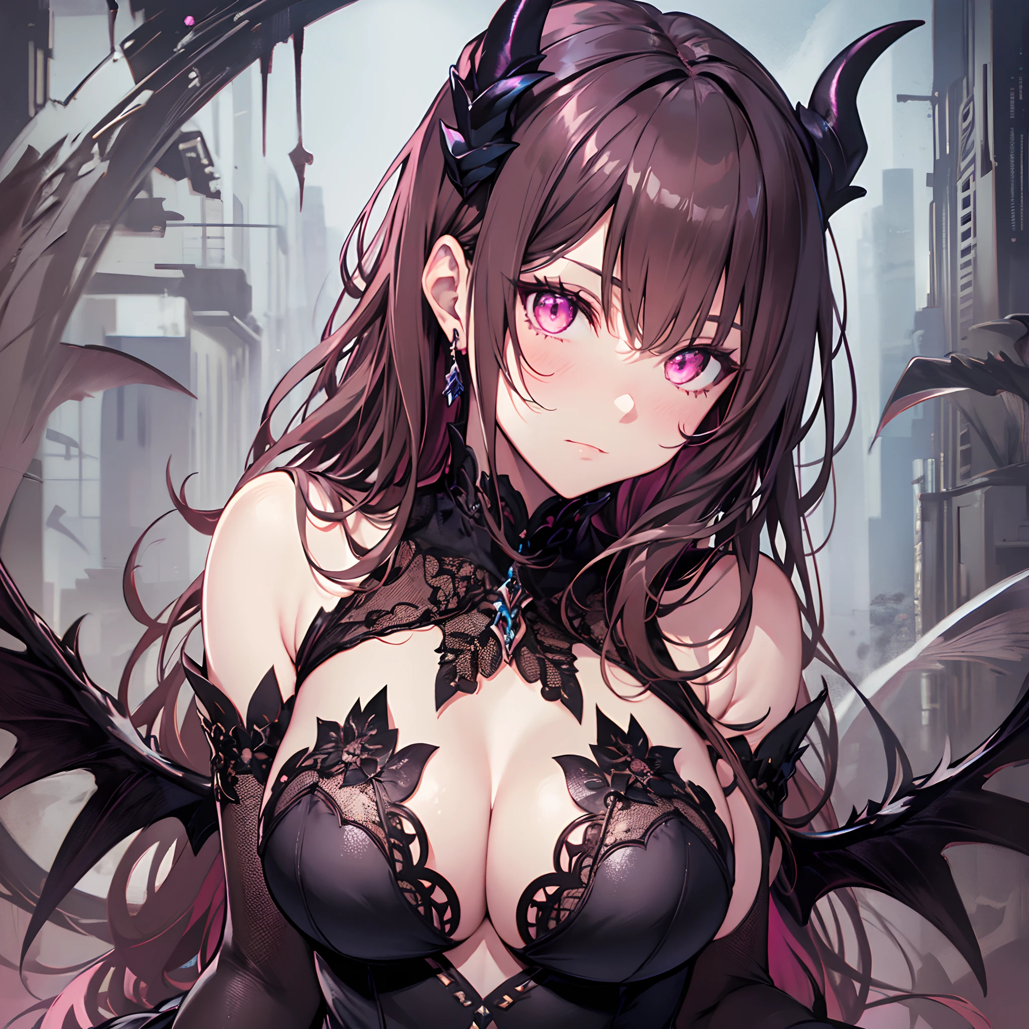masterpiece, best quality, close-up, 1woman, adult, older MILF, female focus, solo, brunette hair, vibrant pink eyes, looking at viewer, high quality metal texture, succubus, big wings, black demon horns, closed mouth, demonic aesthetics, cute, black dress, Highly detailed, shadowverse style