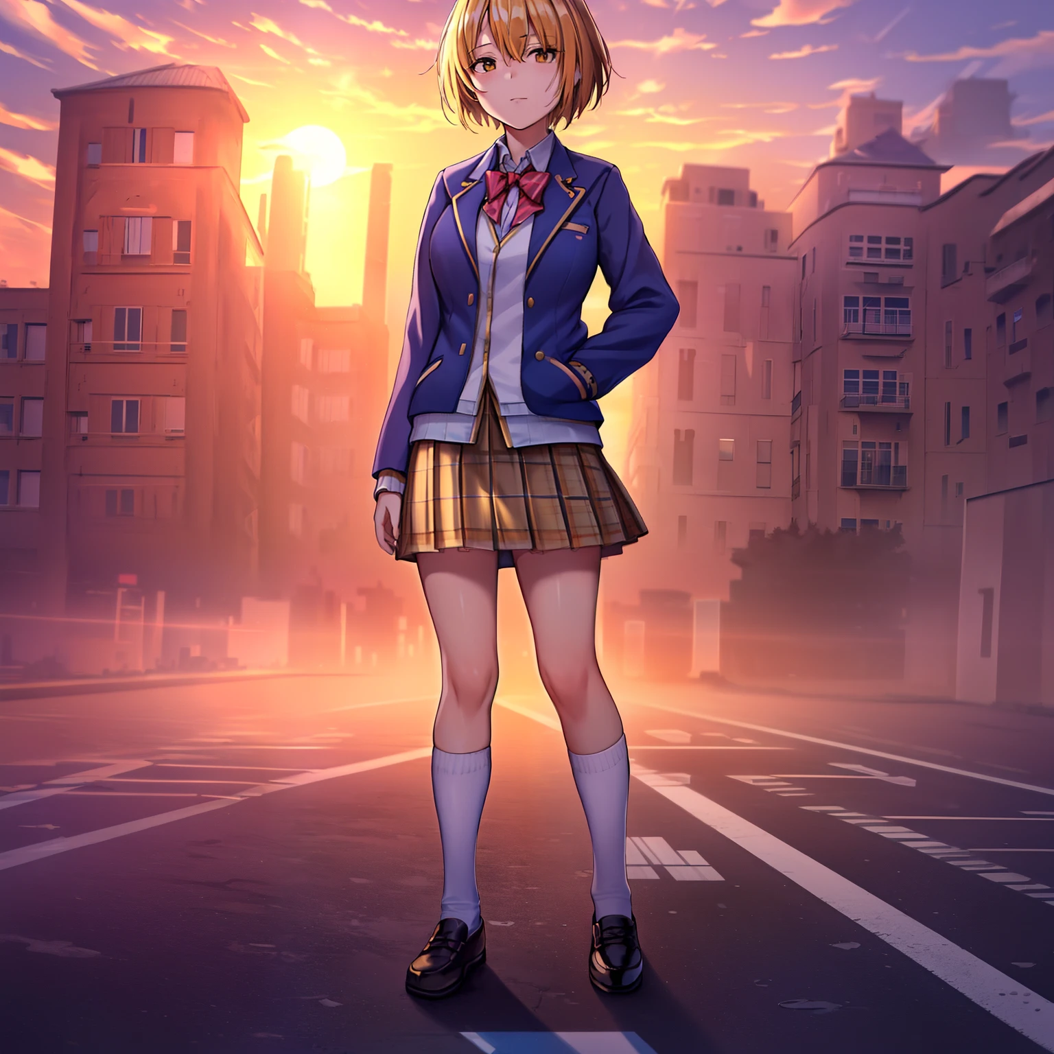 ,masutepiece, Perfect face,(dense lines:1.0), (Ultra-detailed:1.2), (Oil Painting:0.9), (the Extremely Detailed CG Unity 8K Wallpapers:1.2),
Looking at Viewer,(((City of Sunsets))),(((Sunset))),
1girl in,Solo,Short hair,School uniform,Jacket,Blazer,Skirt,White socks,shoes,a blond,Write