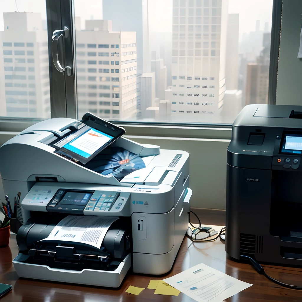 One printer，Office equipment，Print the file，A stack of copy paper，Busy，office room，big window, copy machine ，A Chinese，White skin,Handsome,large tall，suctioning，Chinese，the detail，Neatness，Paper，Computer，upscales， --auto --s2