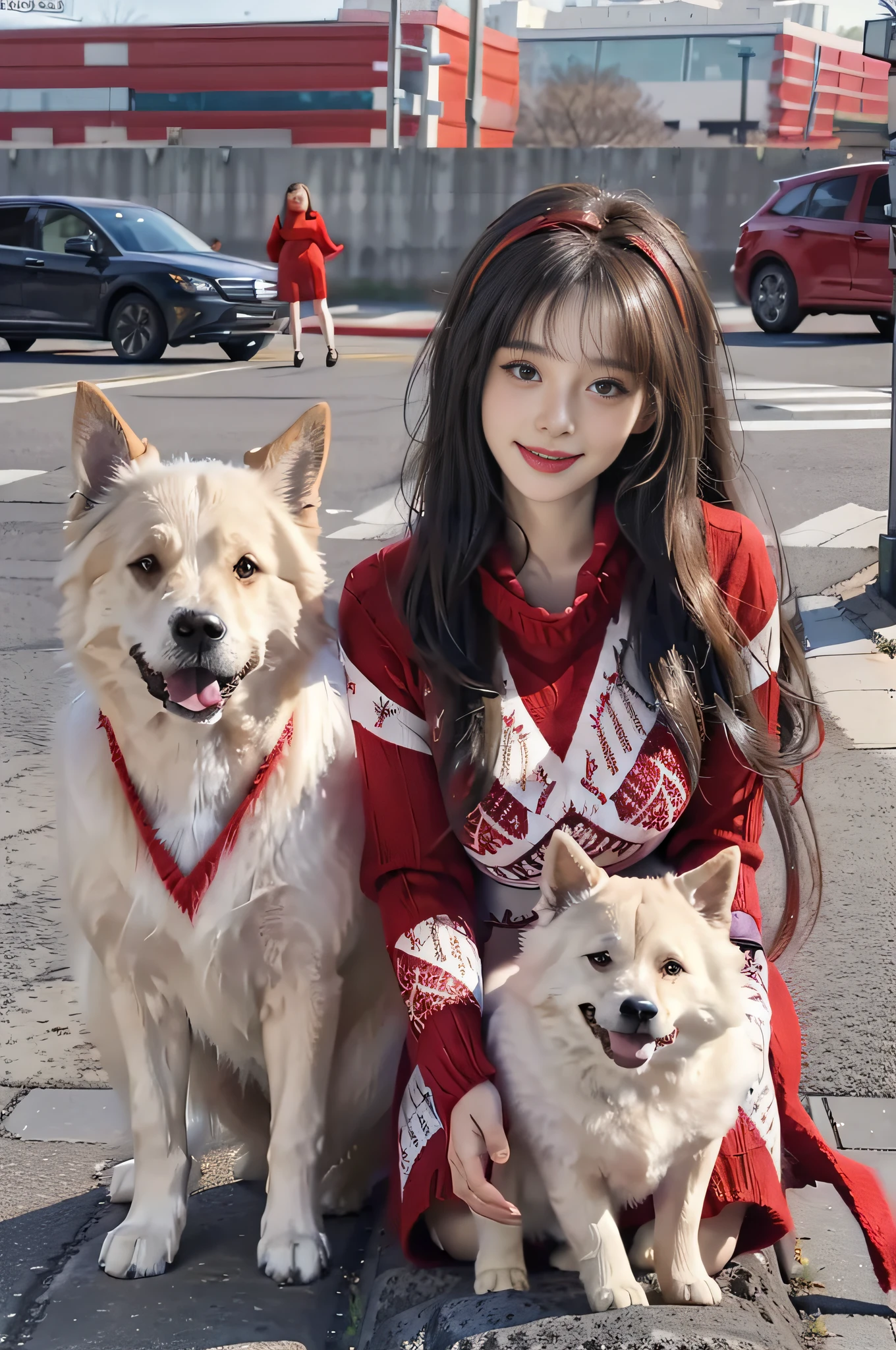 (Full body:1.5)、(((1girl in)):1.3)、(view the viewer:1.4)、((anatomy correct):1.45)、(Beautiful:1.2) 、(Very large breasts:1.3)、(Accurate and perfect face:1.3)、hyper HD、Ray traching、reflective light、 Structurally correct、awardwinning、high detailing、Lighten the shade contrast、Face lighting、Cinematic lighting、masutepiece、super detailing,、High quality、high detailing、Best Quality、16 K、High contrast、(((((Red Sweater Dress)))))、 In the bustling streets of New York City, a black-haired woman wearing a vibrant red knitted dress, complemented by black pantyhose, and a white headband adorning her head can be seen. She stands in a city park, her face lighting up with a warm smile as she crouches down to affectionately stroke a magnificent, elderly Great Pyrenees dog. The dog is a vision of purity, with long, flowing white fur that glistens in the sunlight. Both the woman and the dog radiate happiness and contentment as they engage in a playful, heartwarming interaction, capturing a beautiful moment of companionship.
As these two figures playfully engage, the dog's excitement reaches a peak, leading him to attempt an unexpected move. With a playful burst of energy, the large Great Pyrenees dog darts under the woman's red knitted dress, causing her to startle and tumble to the ground. Yet, the determined dog persists in his effort, trying to slip between the fallen woman's legs, its fluffy white fur creating a stark contrast against the vibrant red of her skirt. Despite her surprise, the woman can't help but wear a wry smile as she finds herself in this comical situation.
