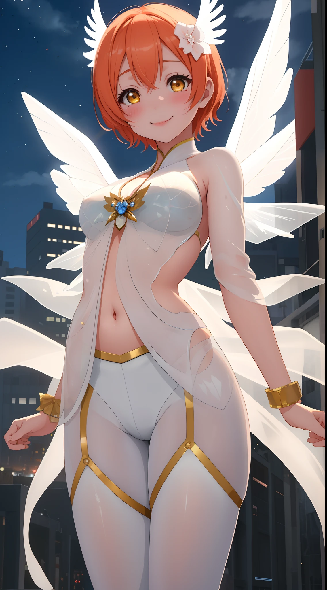 Masterpiece, Hoshizora rin, hair ornament,a beautiful urban female model, white transparent clothes standing under empty night stars, disappearing transparent pants,  standing, facial details, detailed body part details, 8k wallpaper, (skin tight), angelic wings, crying,a smile, glowing eyes, curvy waist