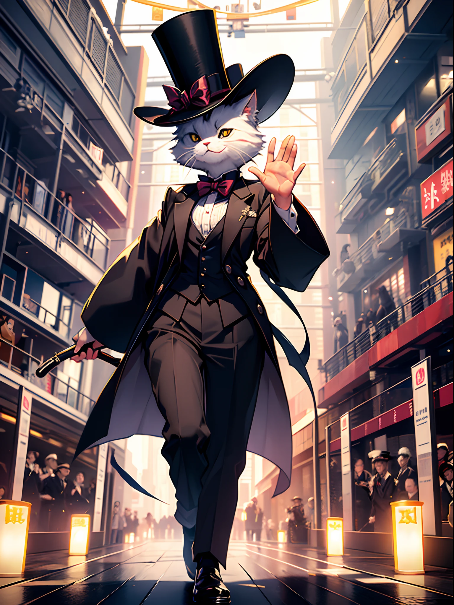 The Enigmatic Illusionist's Cat、Wearing a top hat、Waving a cane creates the illusion of crossing borders、captivated the audience。