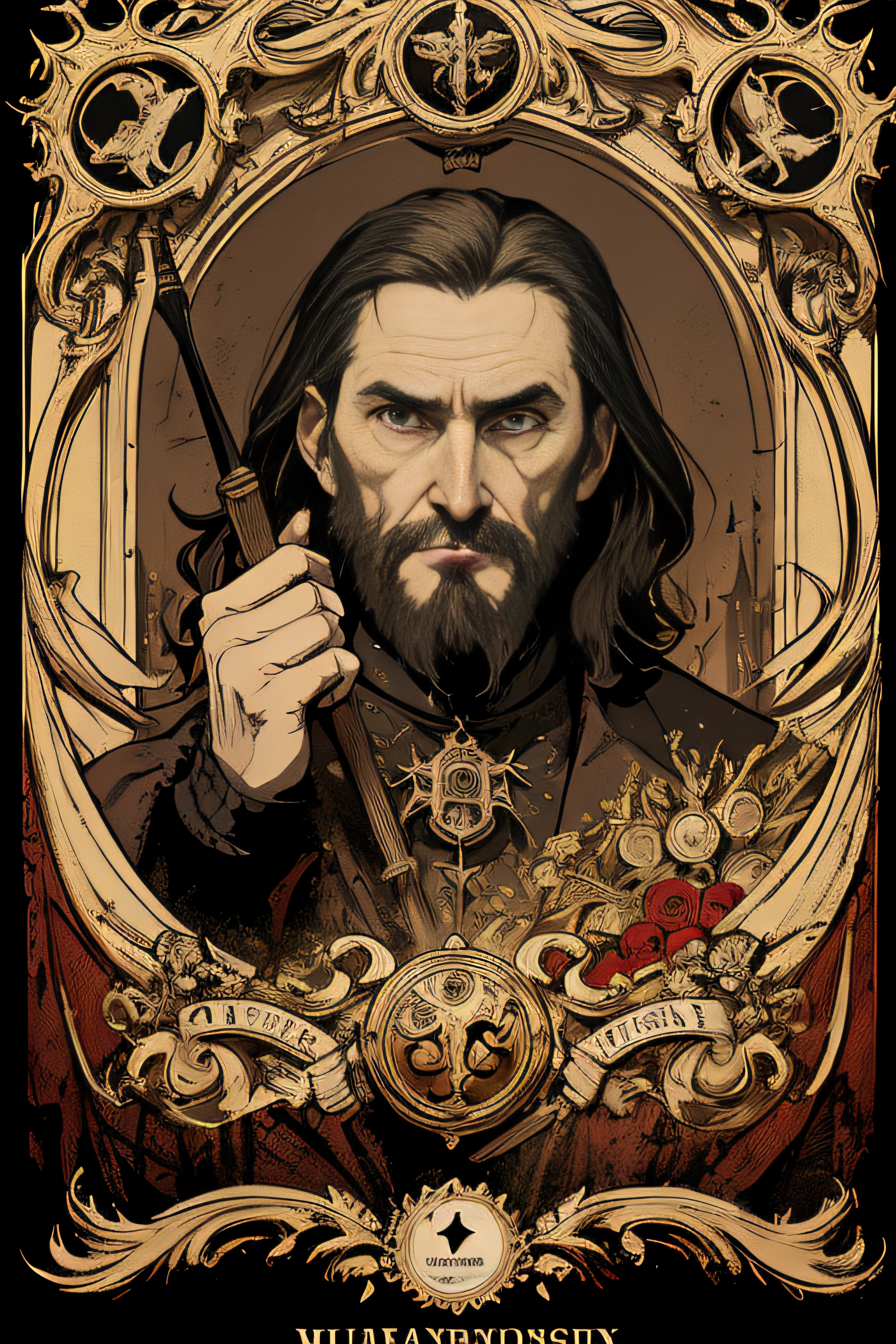 (Masterpiece, Best Quality), 8k Wallpaper, highly detailed, poster, Rasputin, The Mad Monk, Hammer Horror, Christopher Lee, gothic, horror, Russia, horror thriller cinematic movie poster, German expressionism, shapes, lines, abstract, propaganda, gothic, movie poster, vintage, in the style of frank frazetta, low-angle shot.