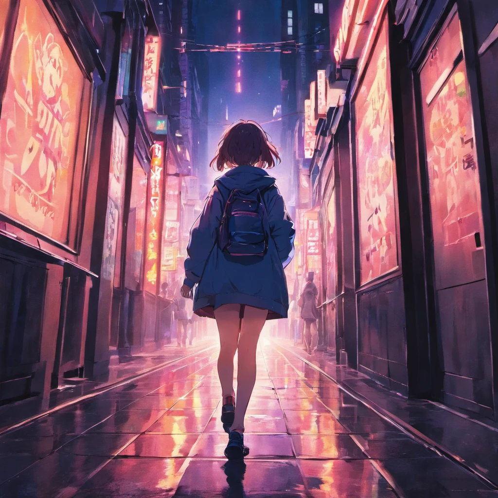 A woman walking down a street at night with a backpack - SeaArt AI