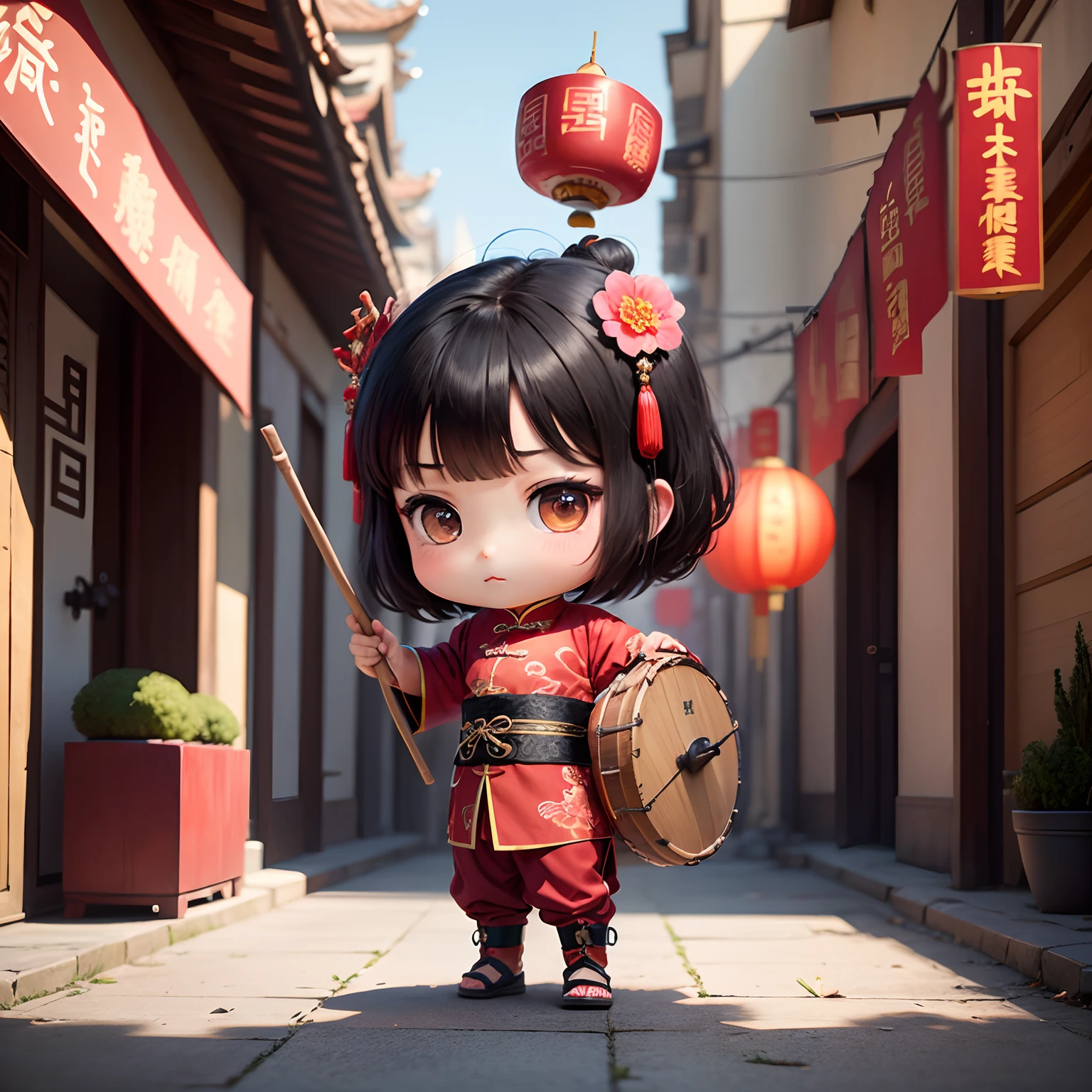masterpiece、top-quality、ultra-detailliert、(Chibi Chara Ancient Chinese Male:1.2),Huge drums should be placed on the ground,The stick must be held with both hands、Use the stick to scratch the surface of the drum.、Fun、full body Esbian、Chinese New Year Festival、