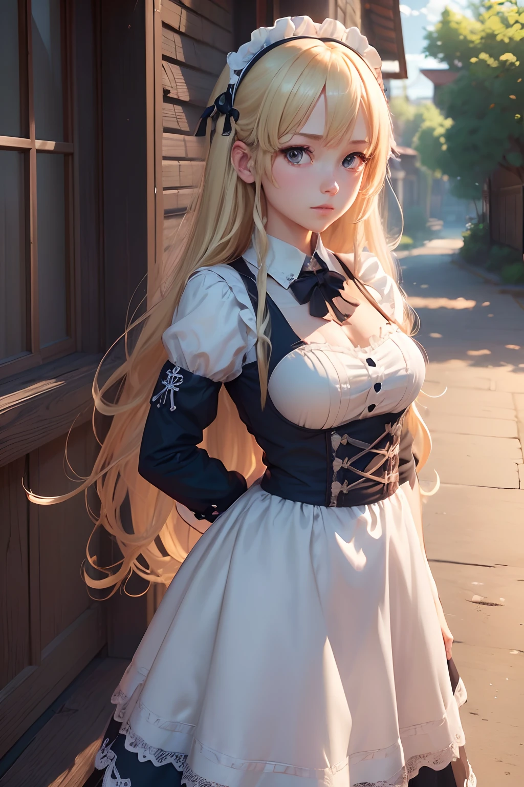 ((masutepiece)), ((Best Quality)), ((hight resolution)), ((Detailed background)), ((the Extremely Detailed CG Unity 8K Wallpapers)), Solo, Ziona, Blonde hair, Long hair, Blue eyes, Hair Tuft, Cowboy Shot, Outdoors, ((maid clothes))