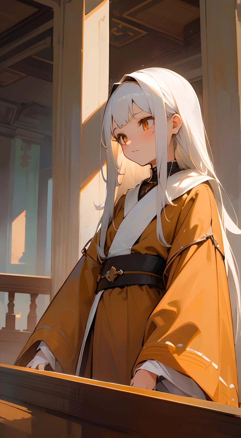 (Masterpiece, Best quality, A high resolution), Age 16,Height 159,Weight 40kg,Off-white hair,mid - length hair,Amber pupils,brown robe,Cute girls,Three View